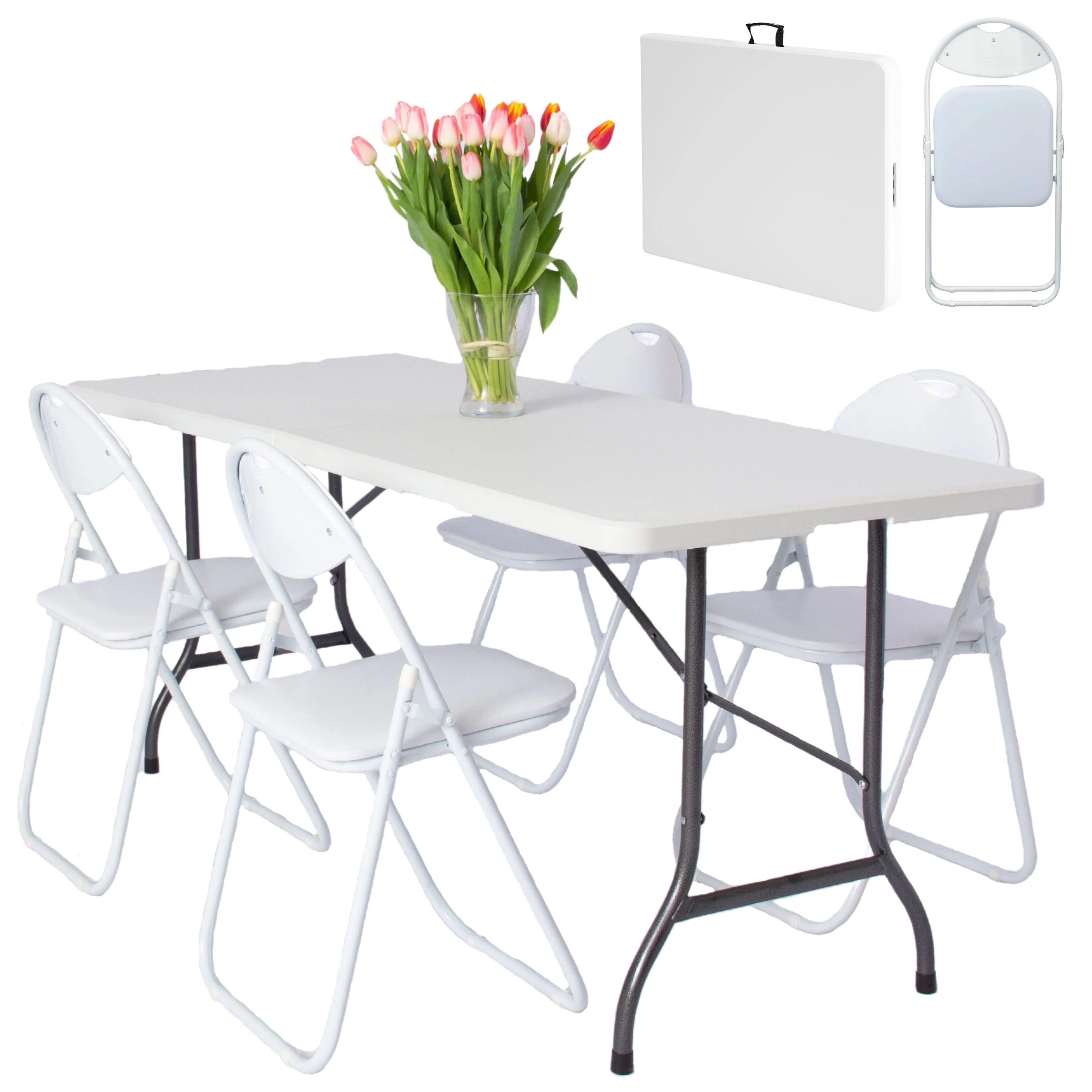 close up of white 6ft folding table and chairs handle folded