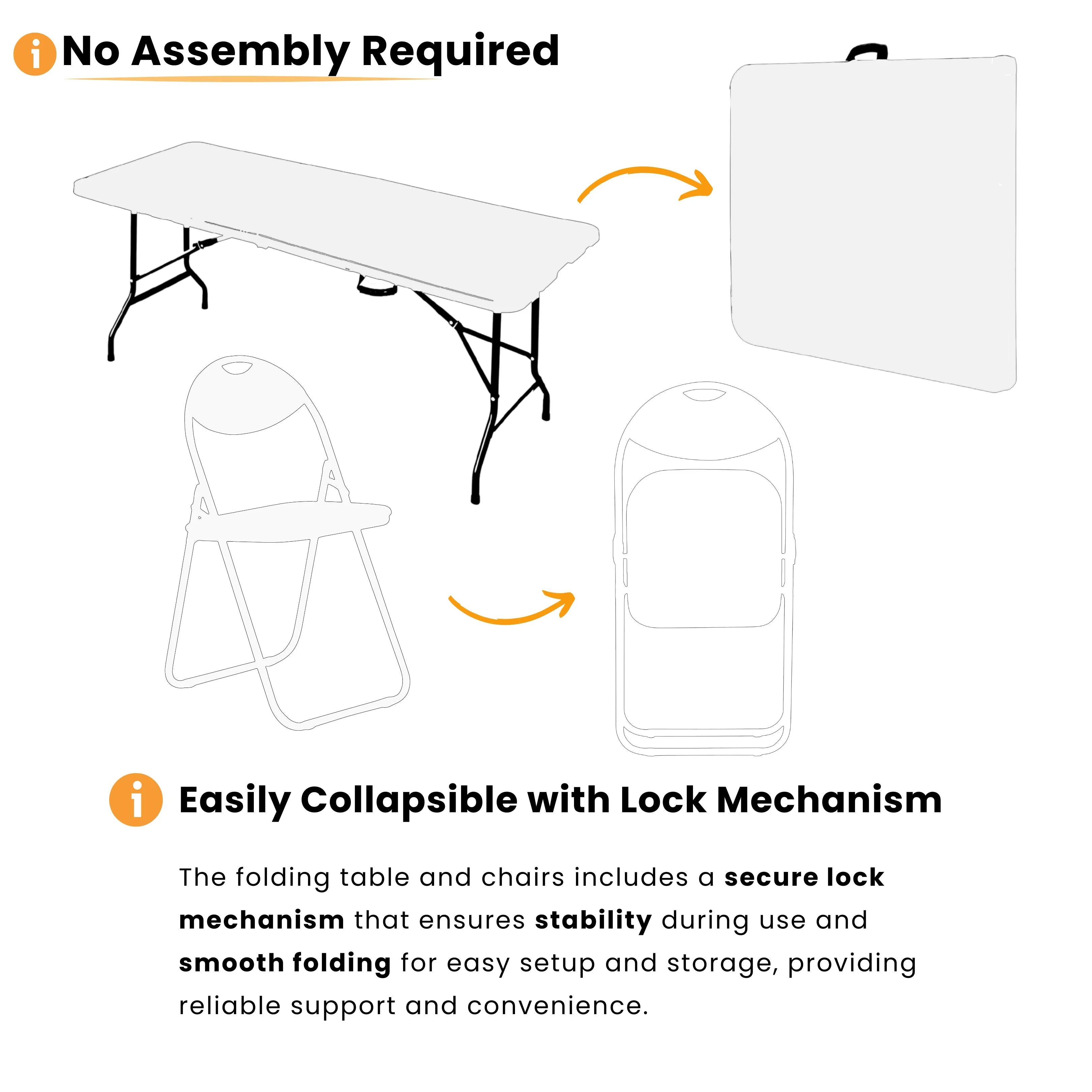 white 6ft folding table and chairs with lock collapsible easily