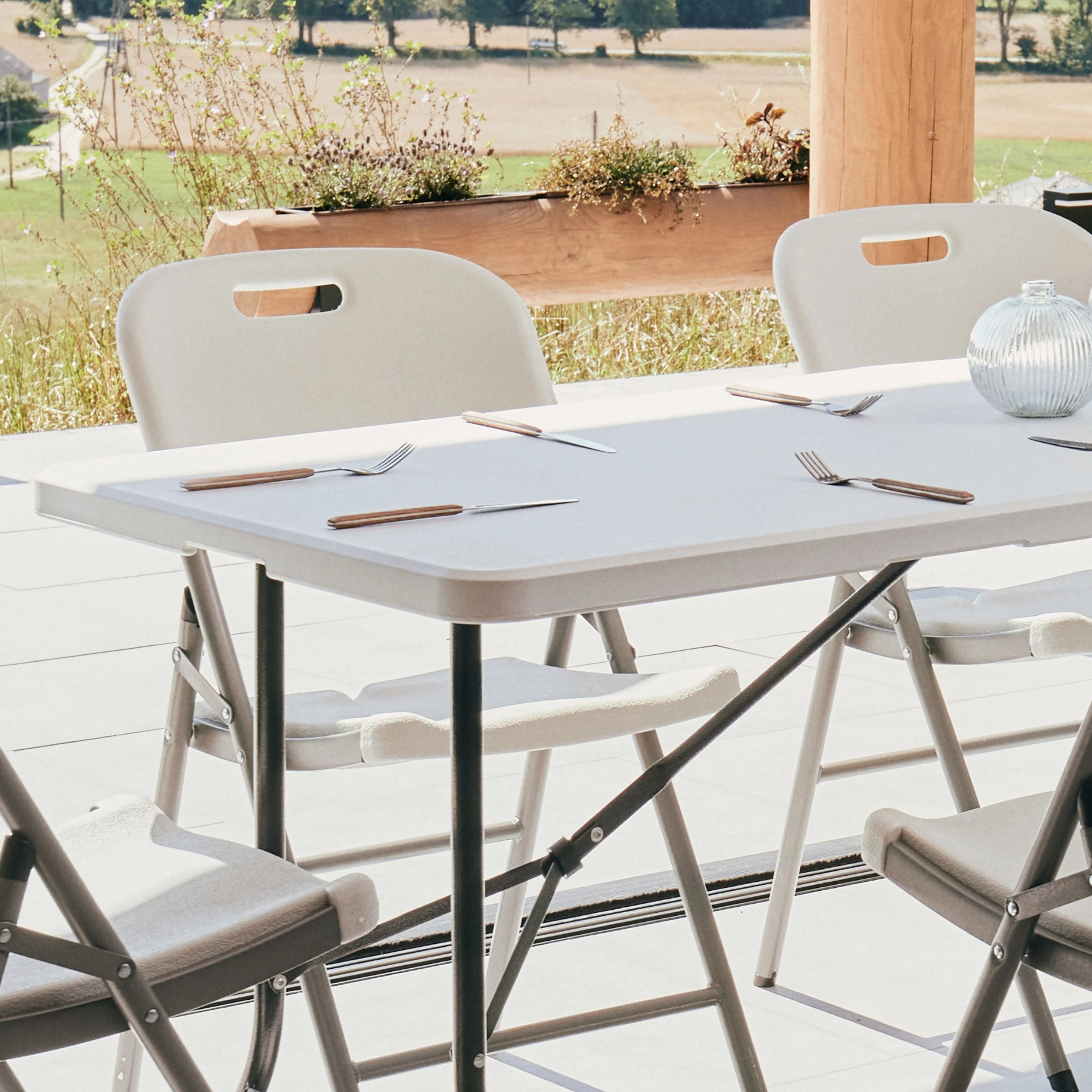 close up of white 6ft folding table and chair surface