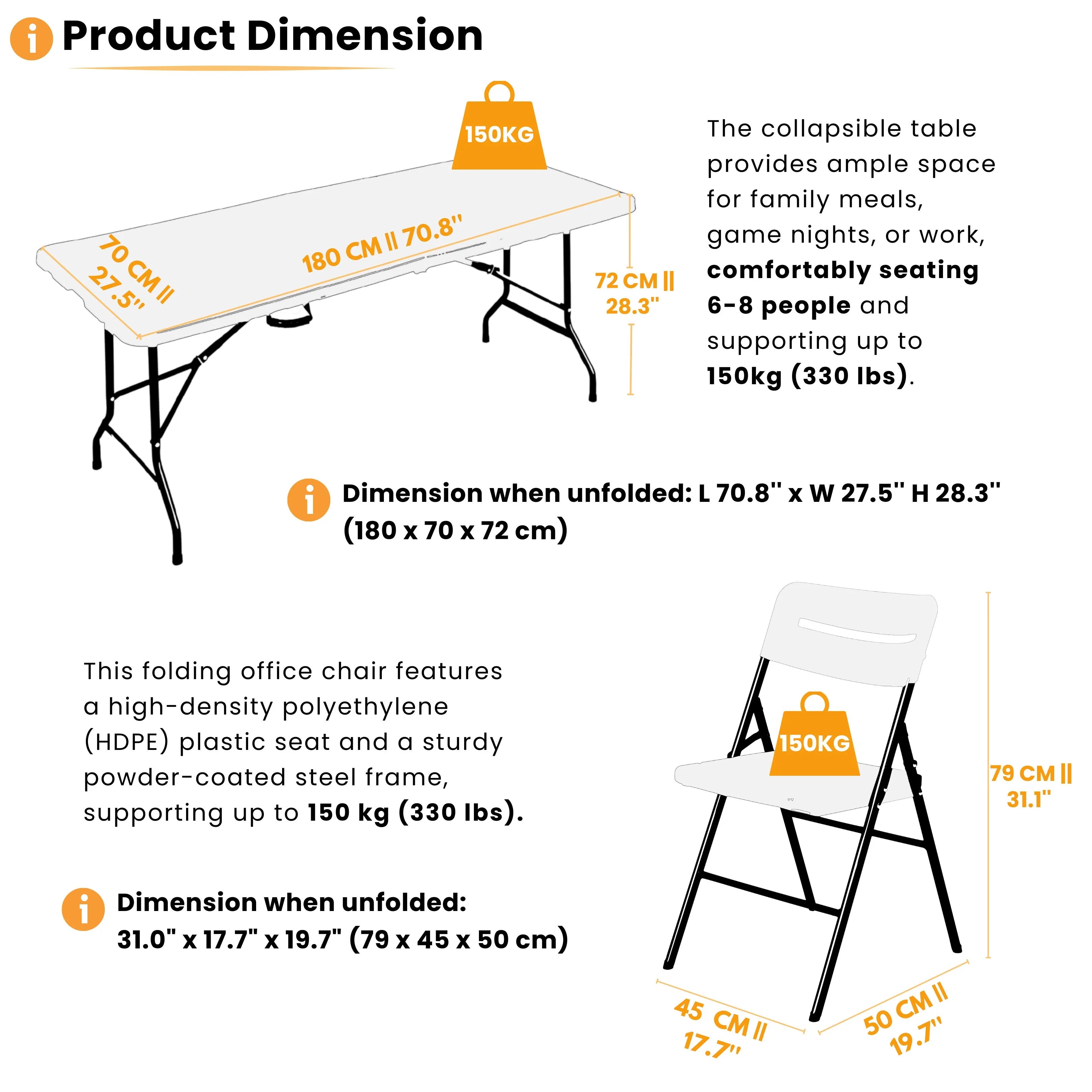 product dimensions of white 6ft folding table and chair displayed