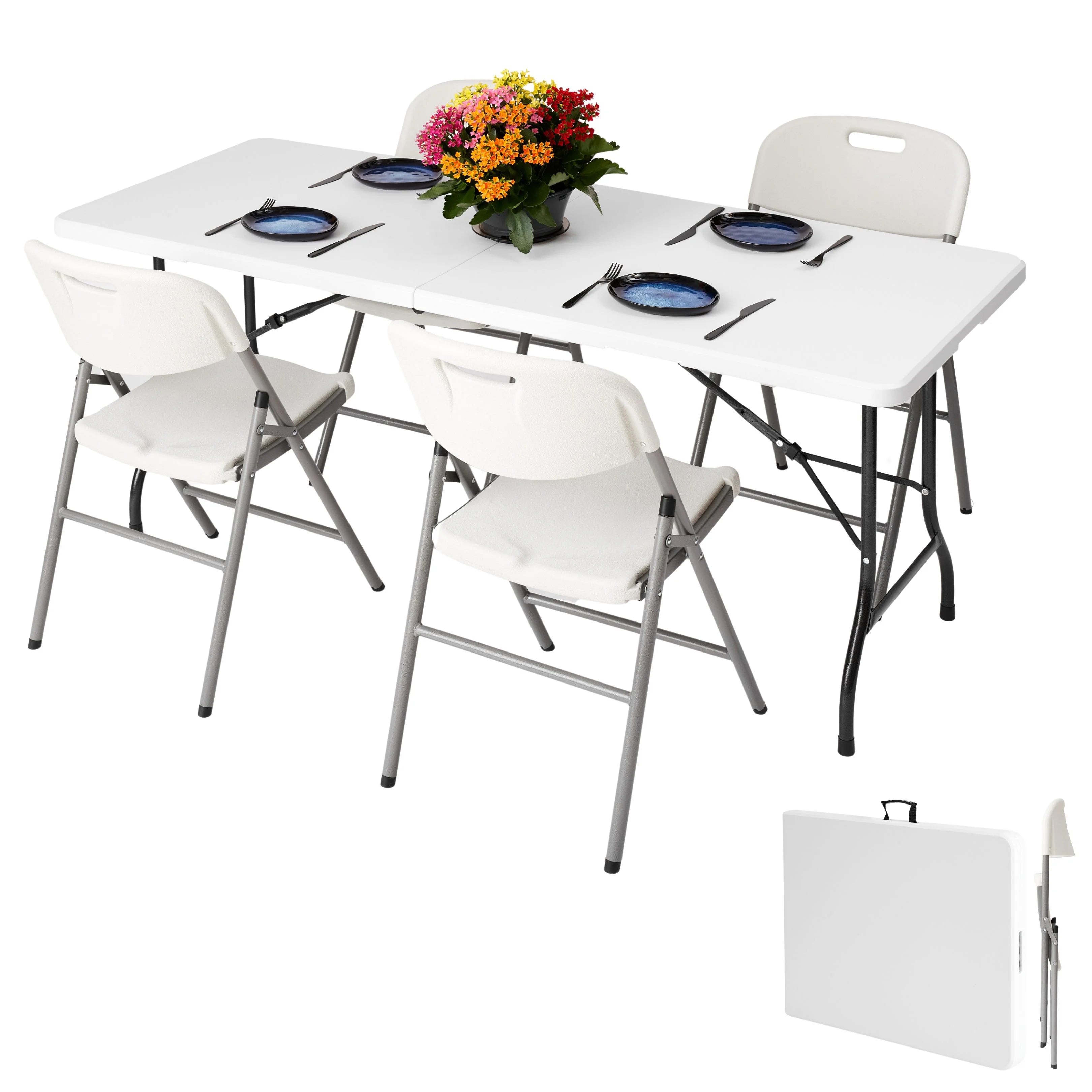 white 6ft folding table and chair set up with plates folded view