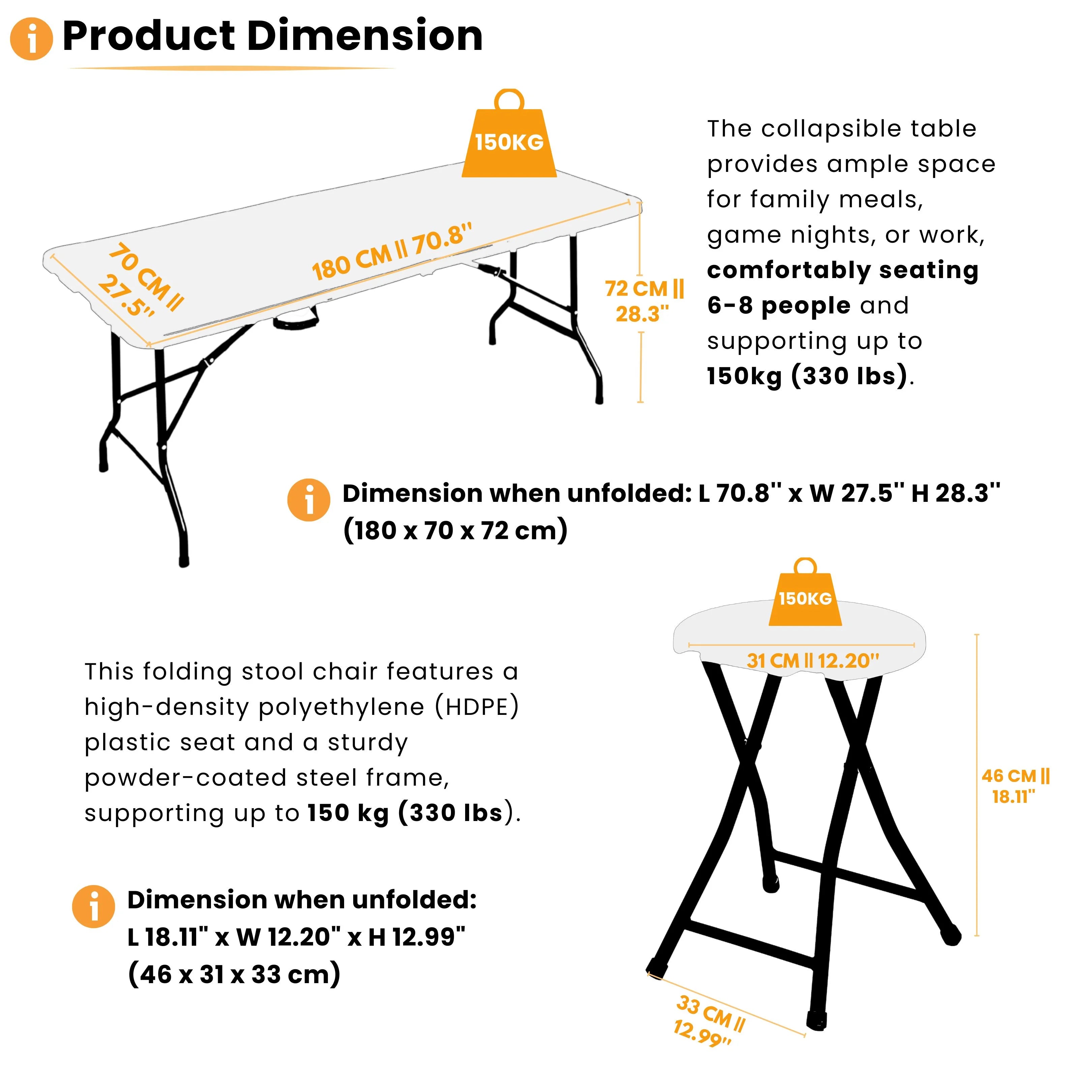 product dimensions of white 6ft folding table and stool displayed