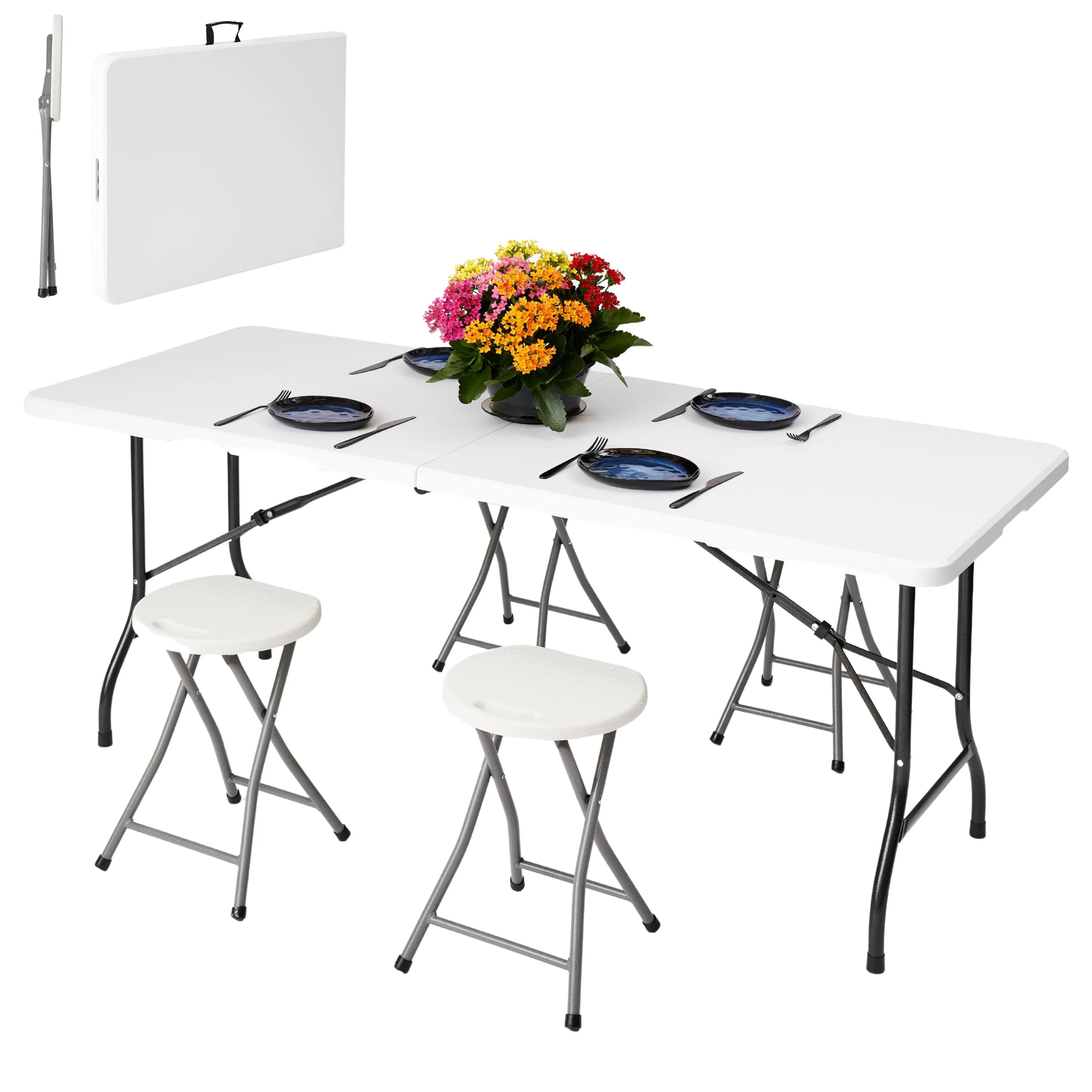 white 6ft folding table and stool set up with plates folded view