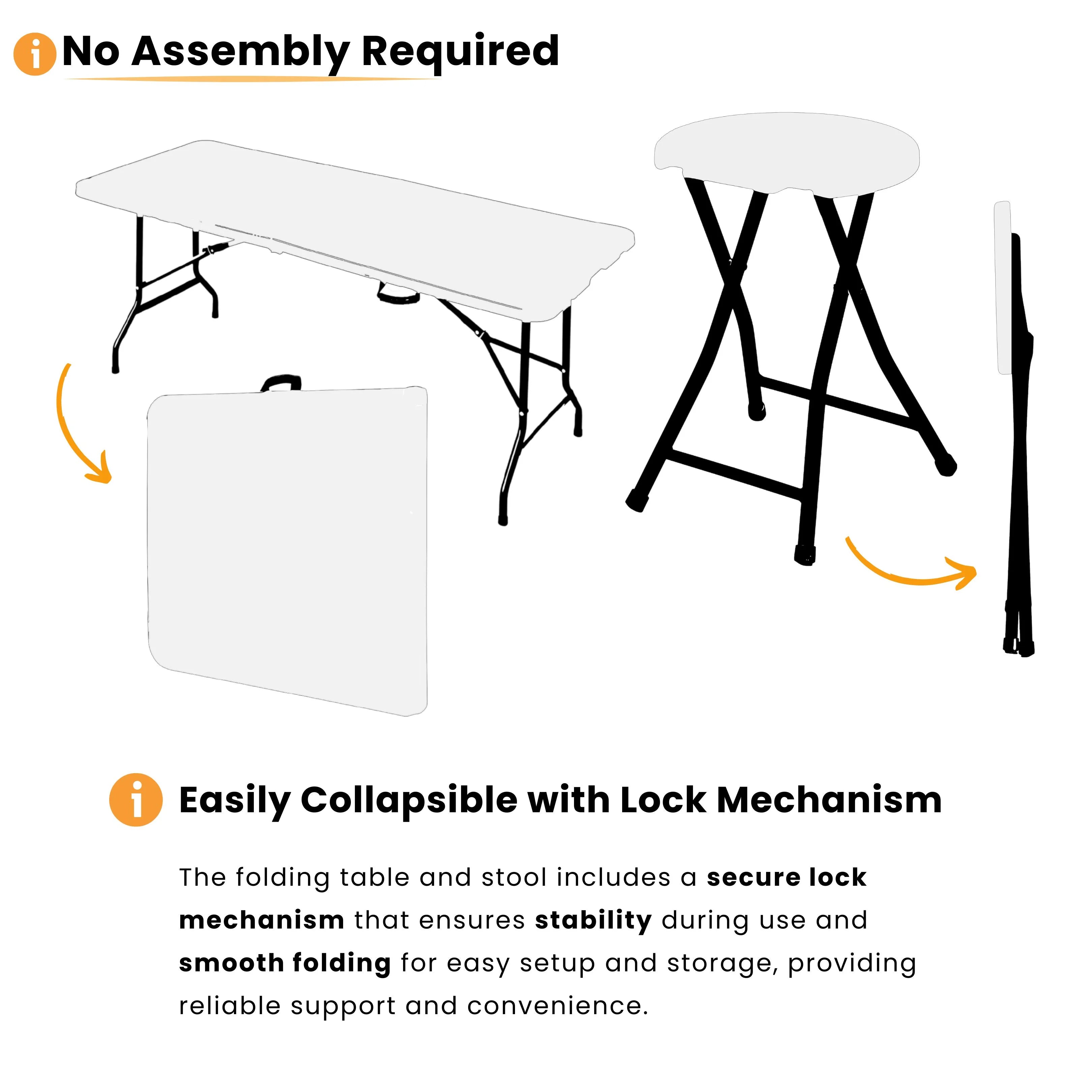 no assembly required white 6ft folding table and stool