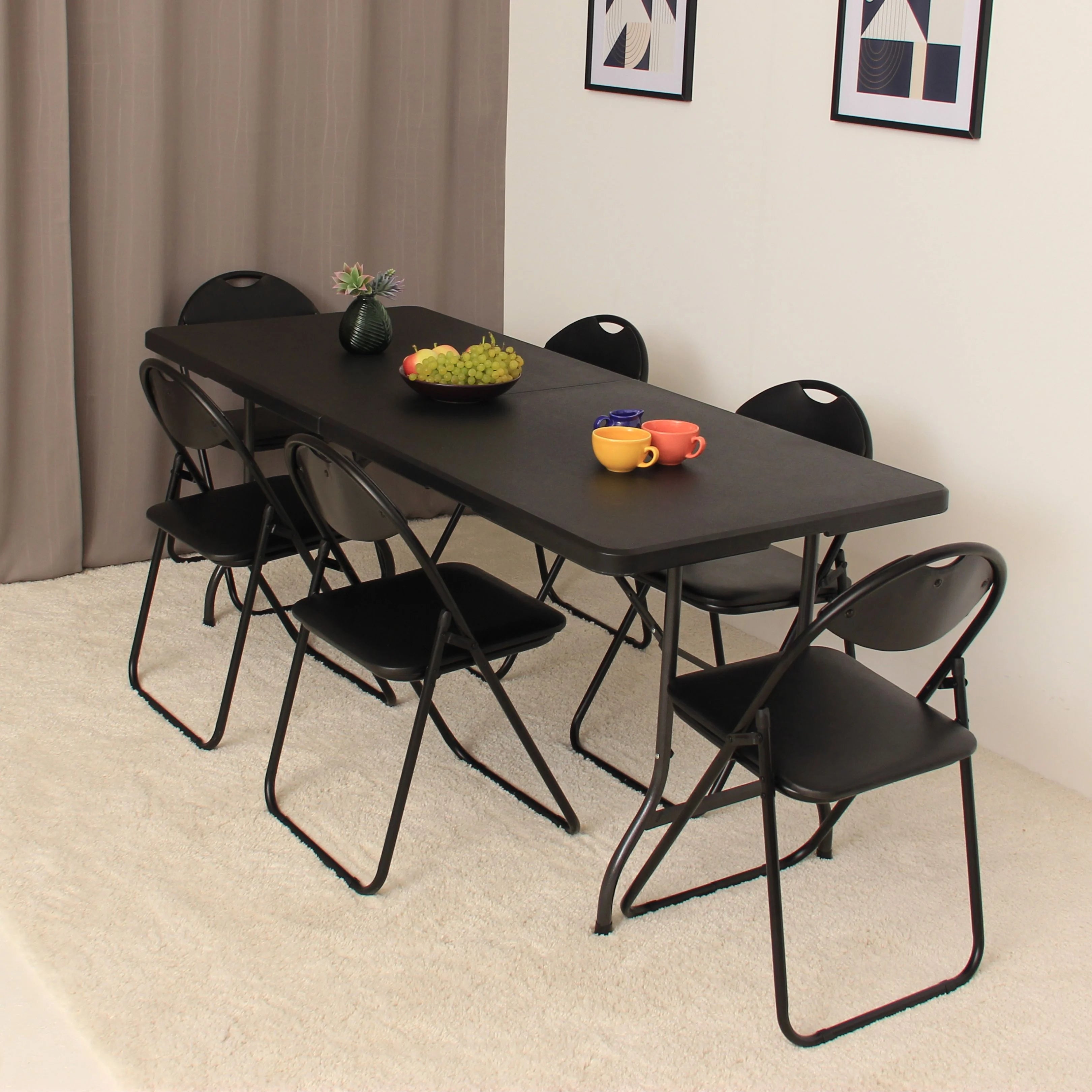 black 6ft folding table and chairs with food