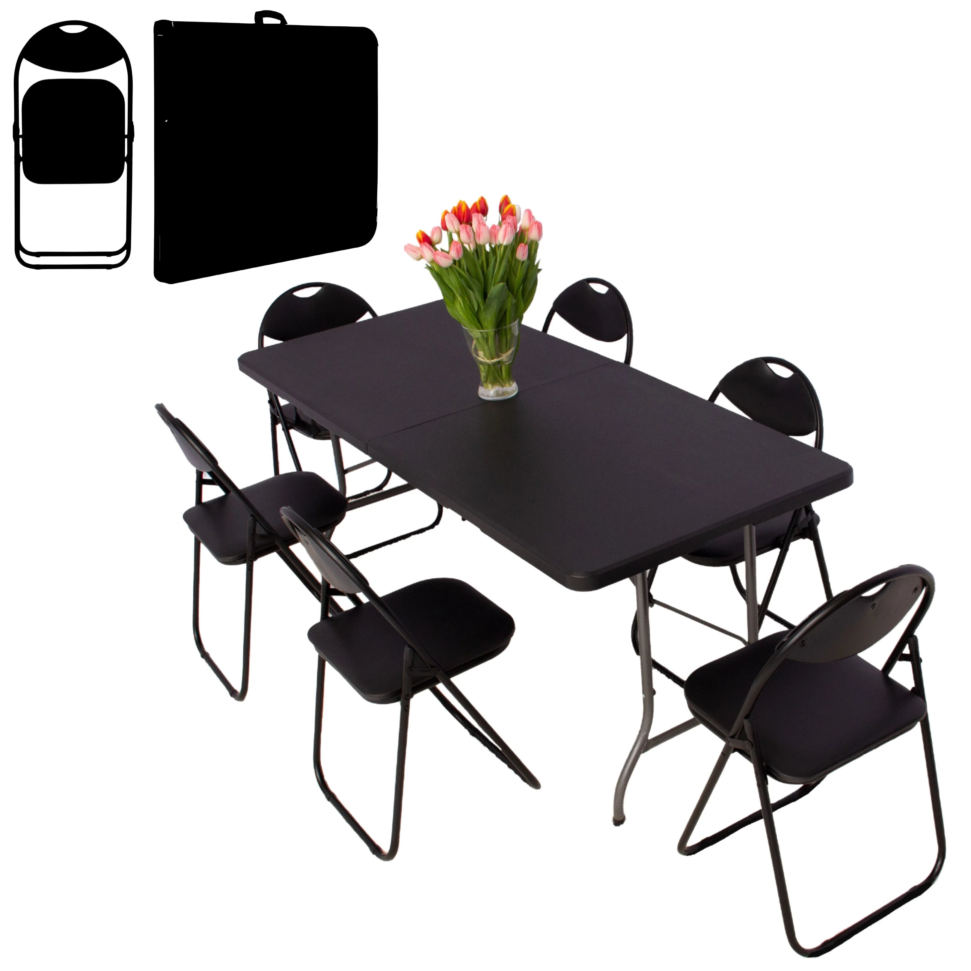 black 6ft folding table and chairs case folded and unfolded