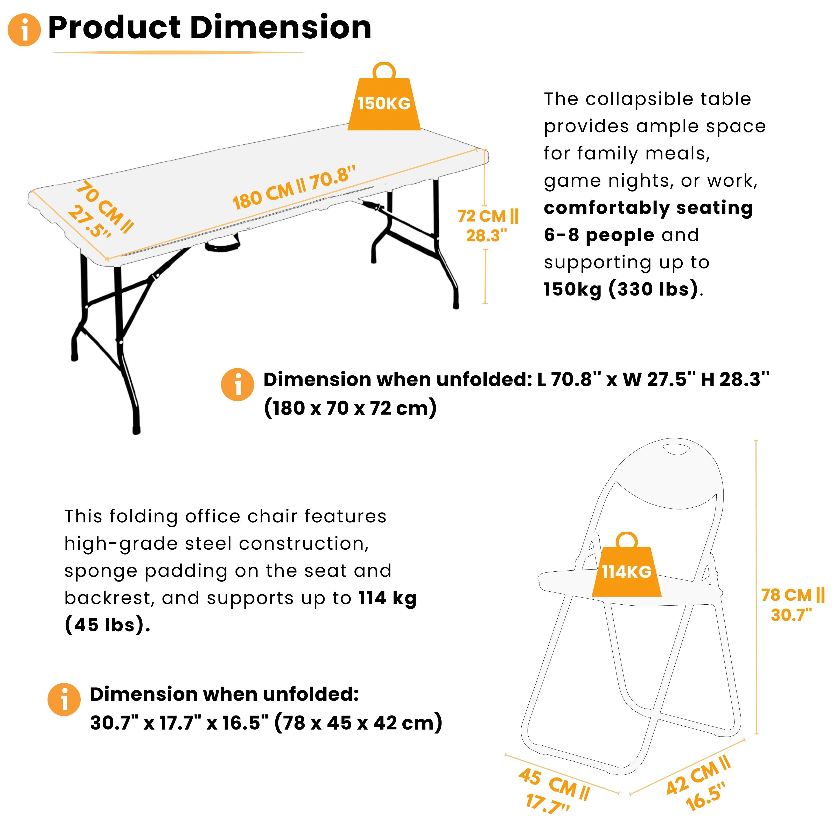 white 6ft folding table and chairs dimensions and weight limits