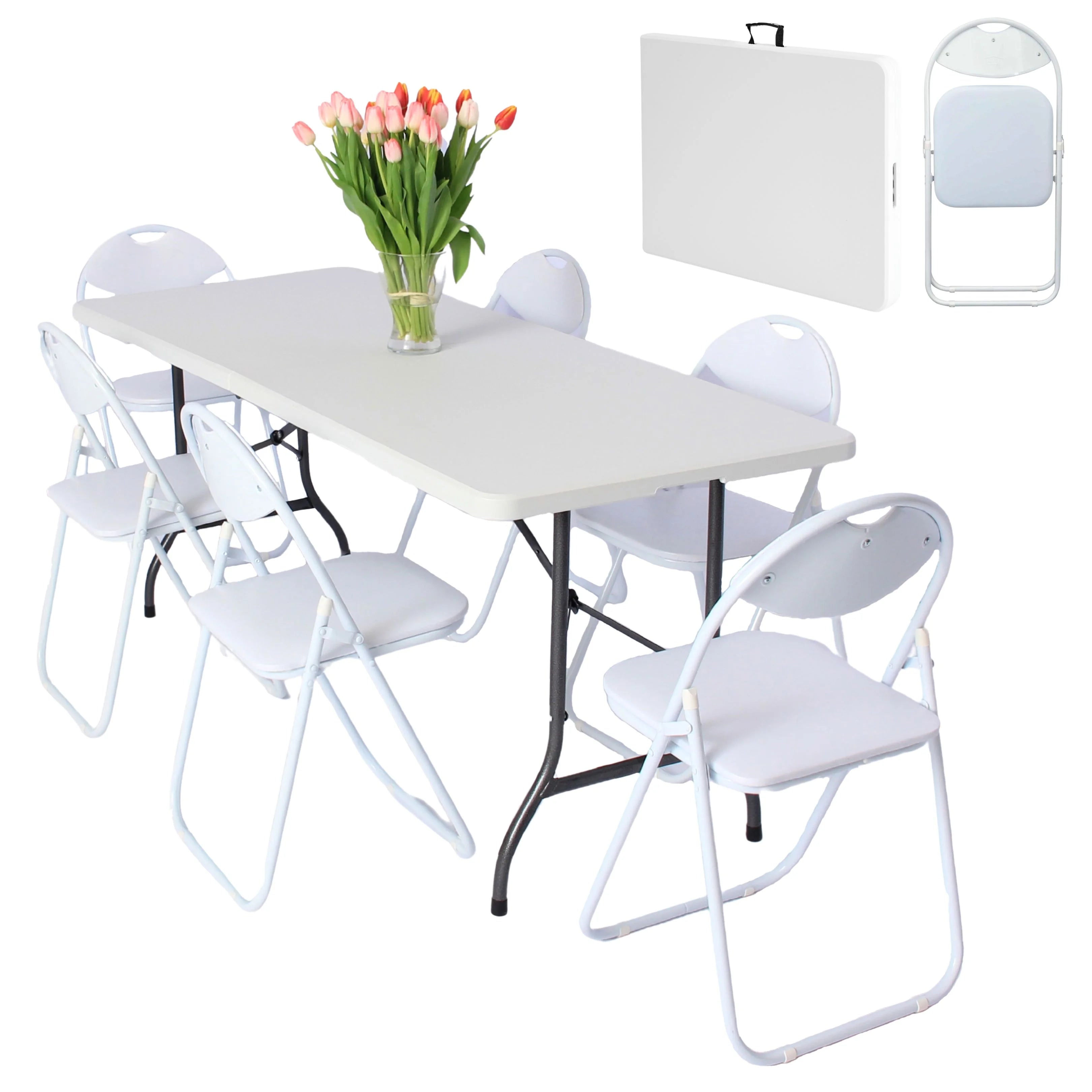 white 6ft folding table and chairs in folded position standing