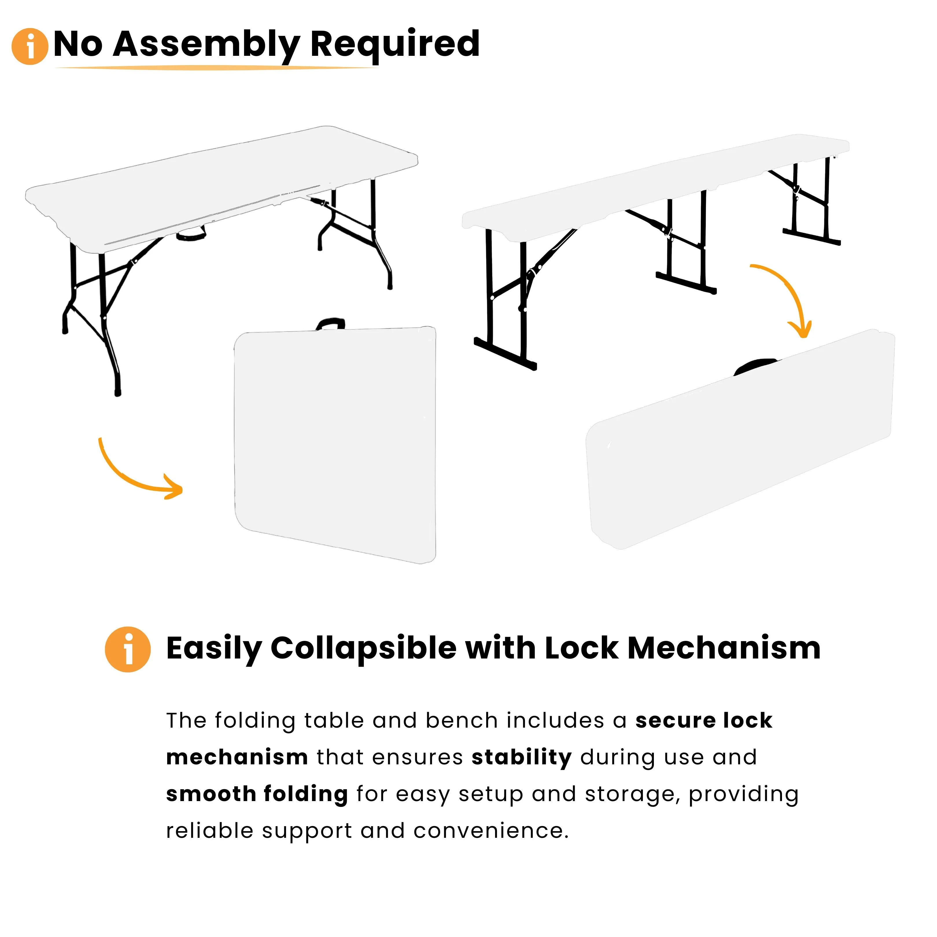 no assembly required white 6ft folding table and bench