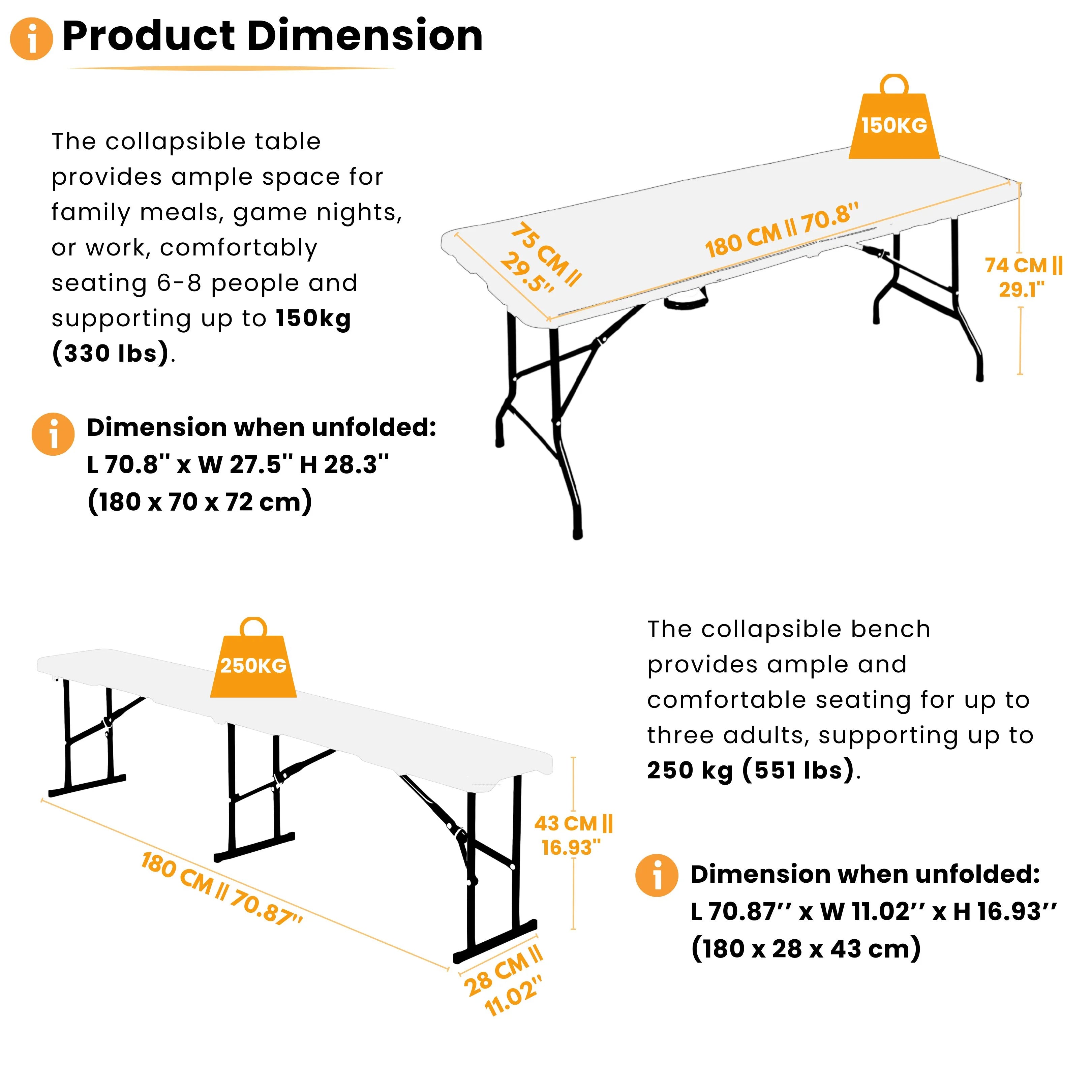 product dimensions of white 6ft folding table and bench displayed