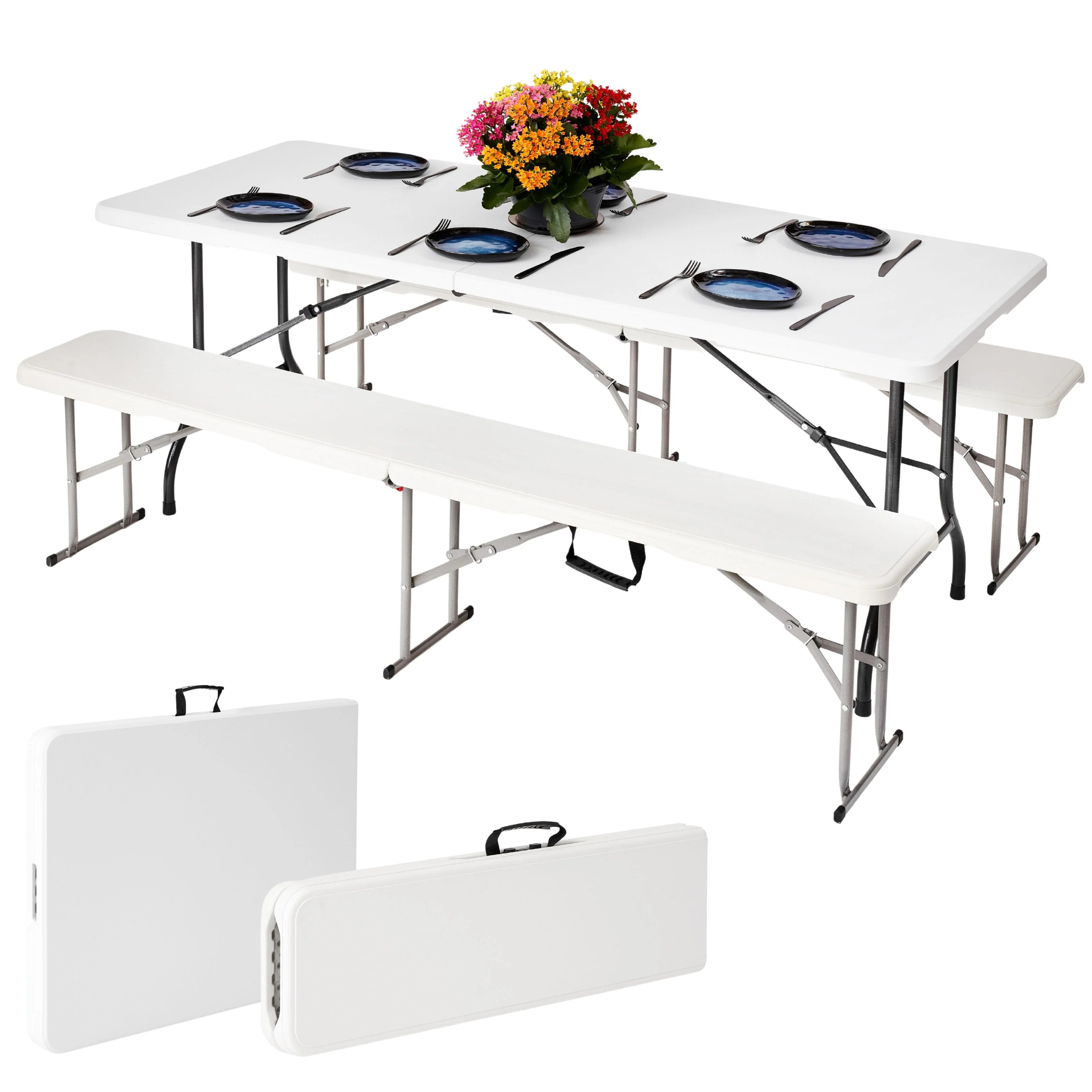 white 6ft folding table and bench set up with plates folded view