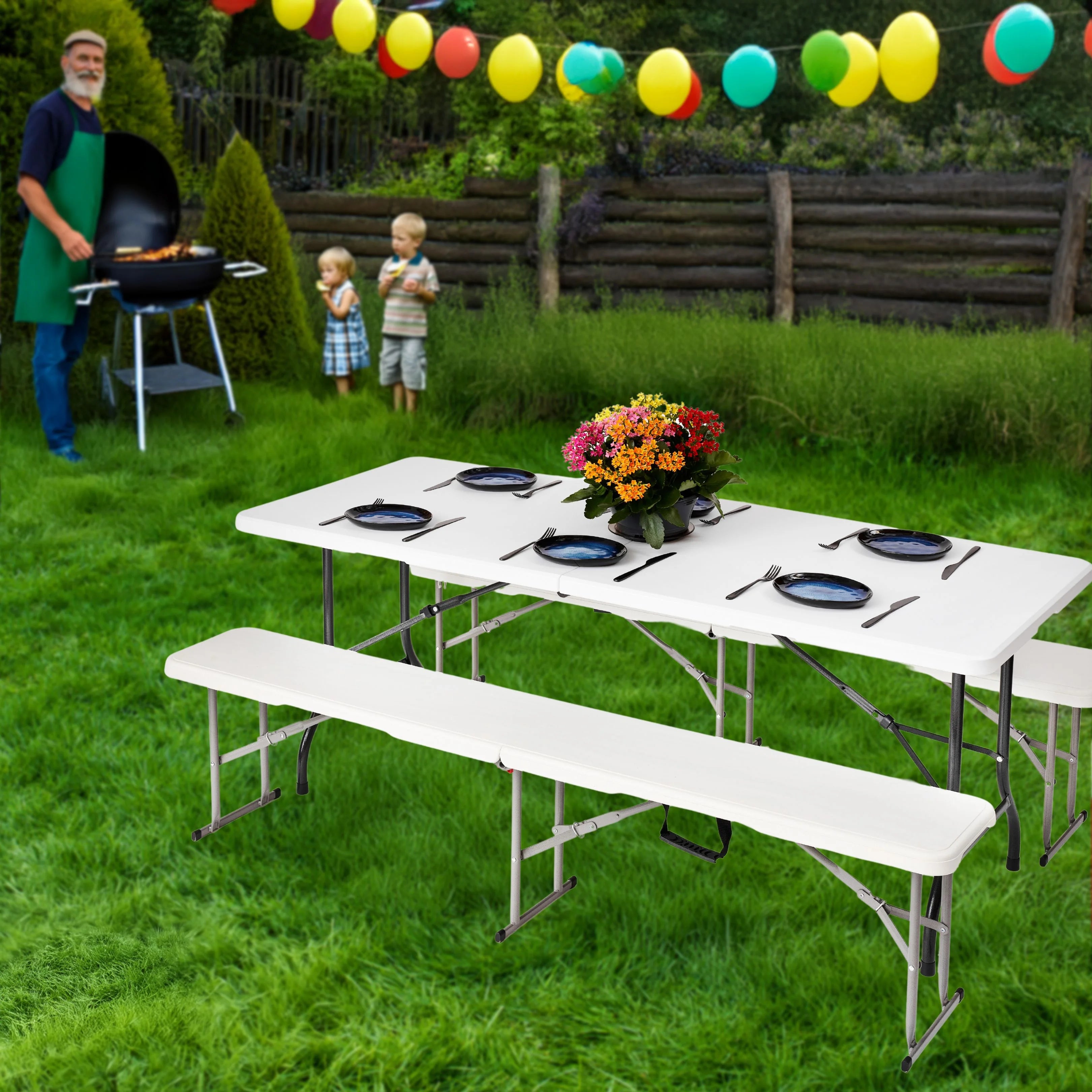 white 6ft folding table and bench in use at an outdoor party