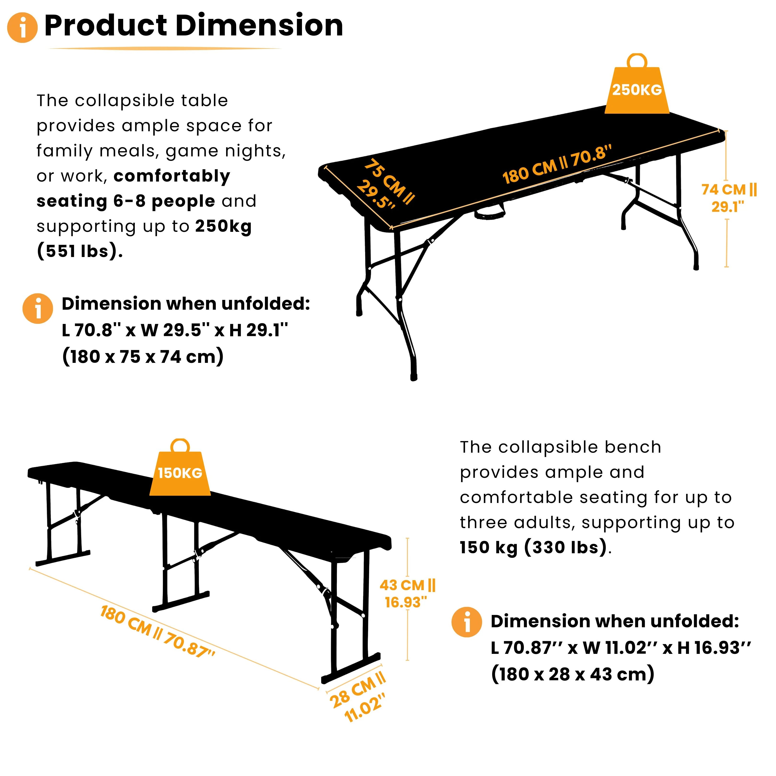 product dimensions of black 6ft folding table and bench displayed