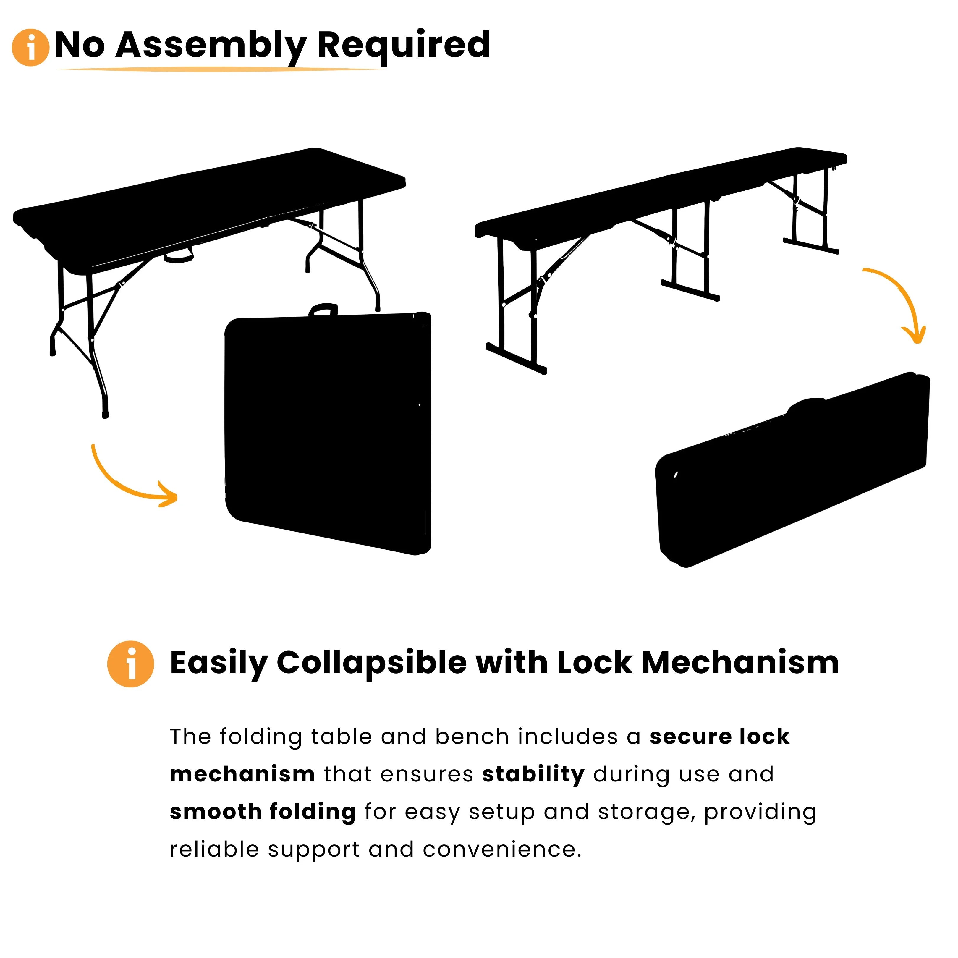 no assembly required black 6ft folding table and bench