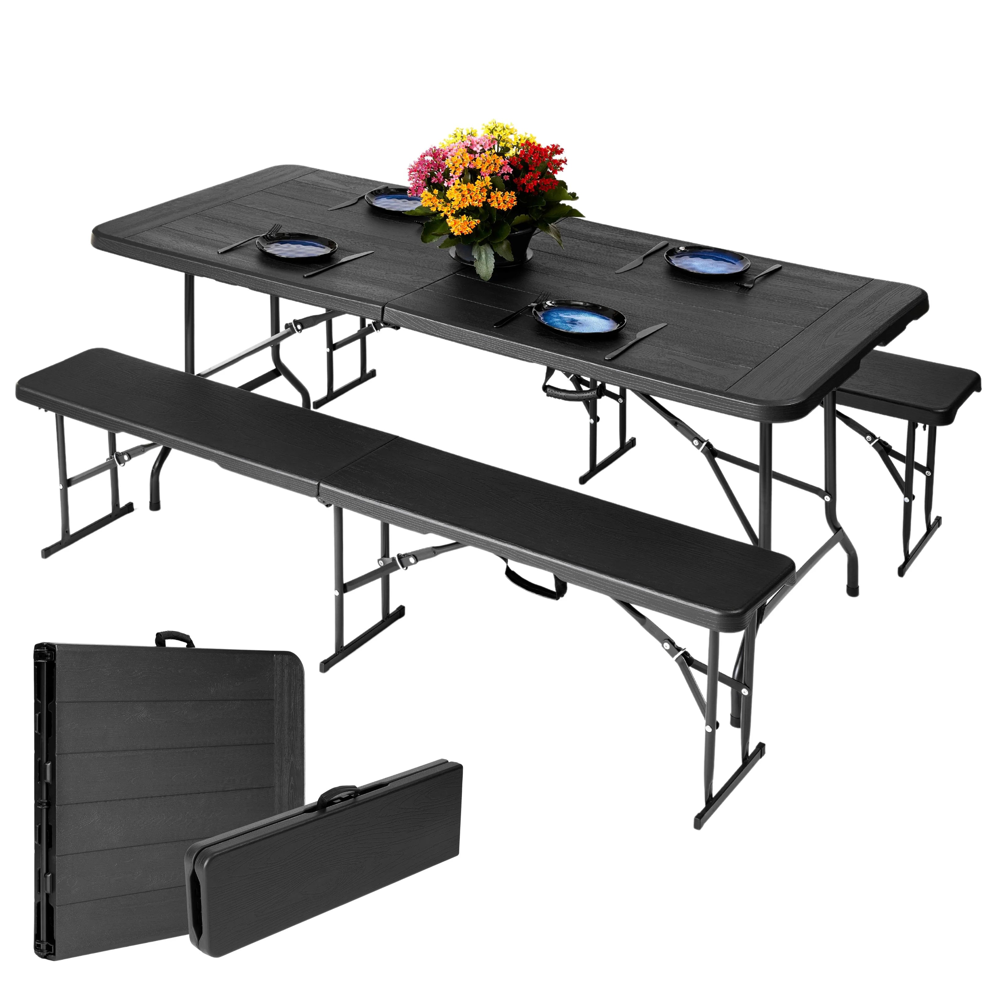 black 6ft folding table and benches set up with plates folded view