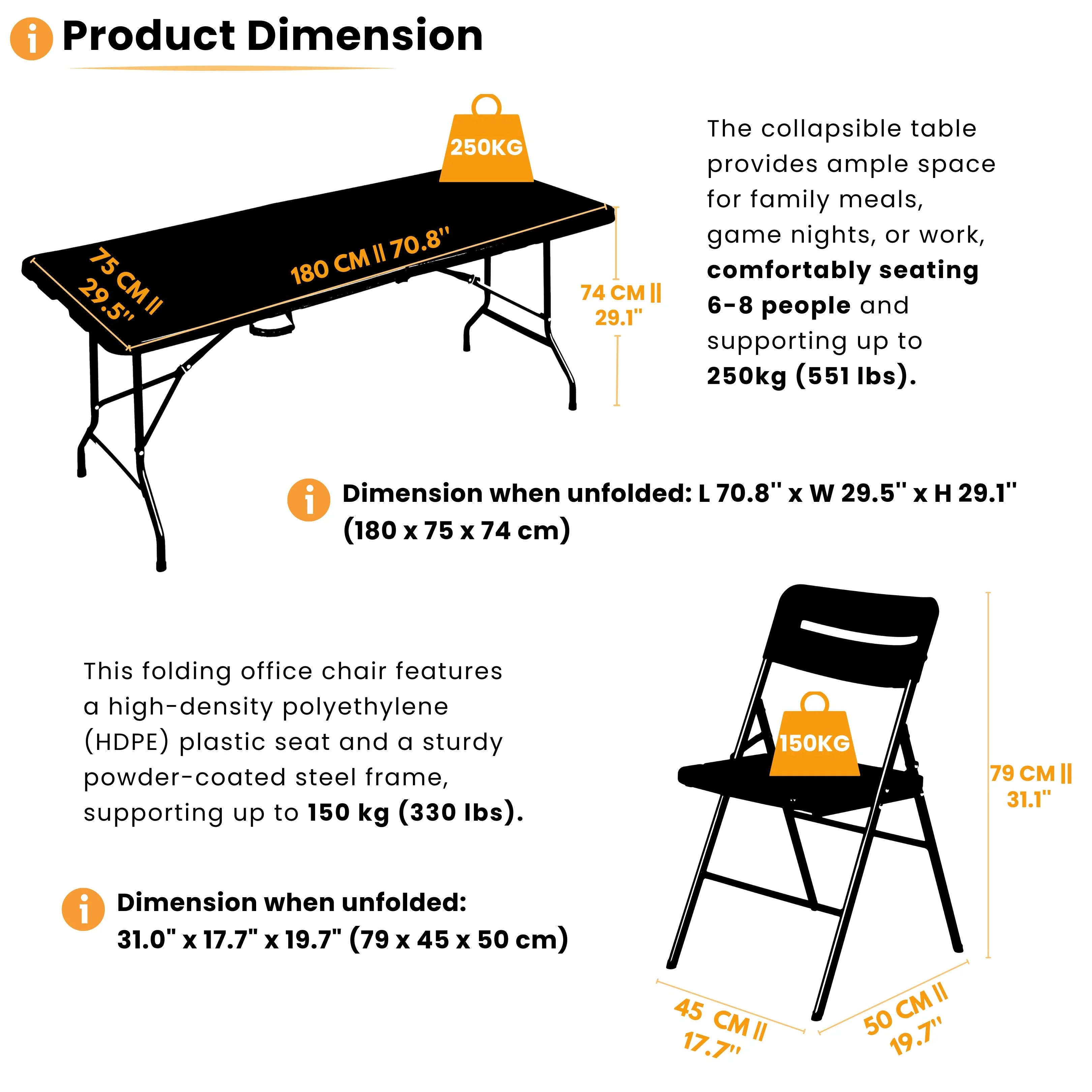 product dimensions of black 6ft folding table and chair displayed