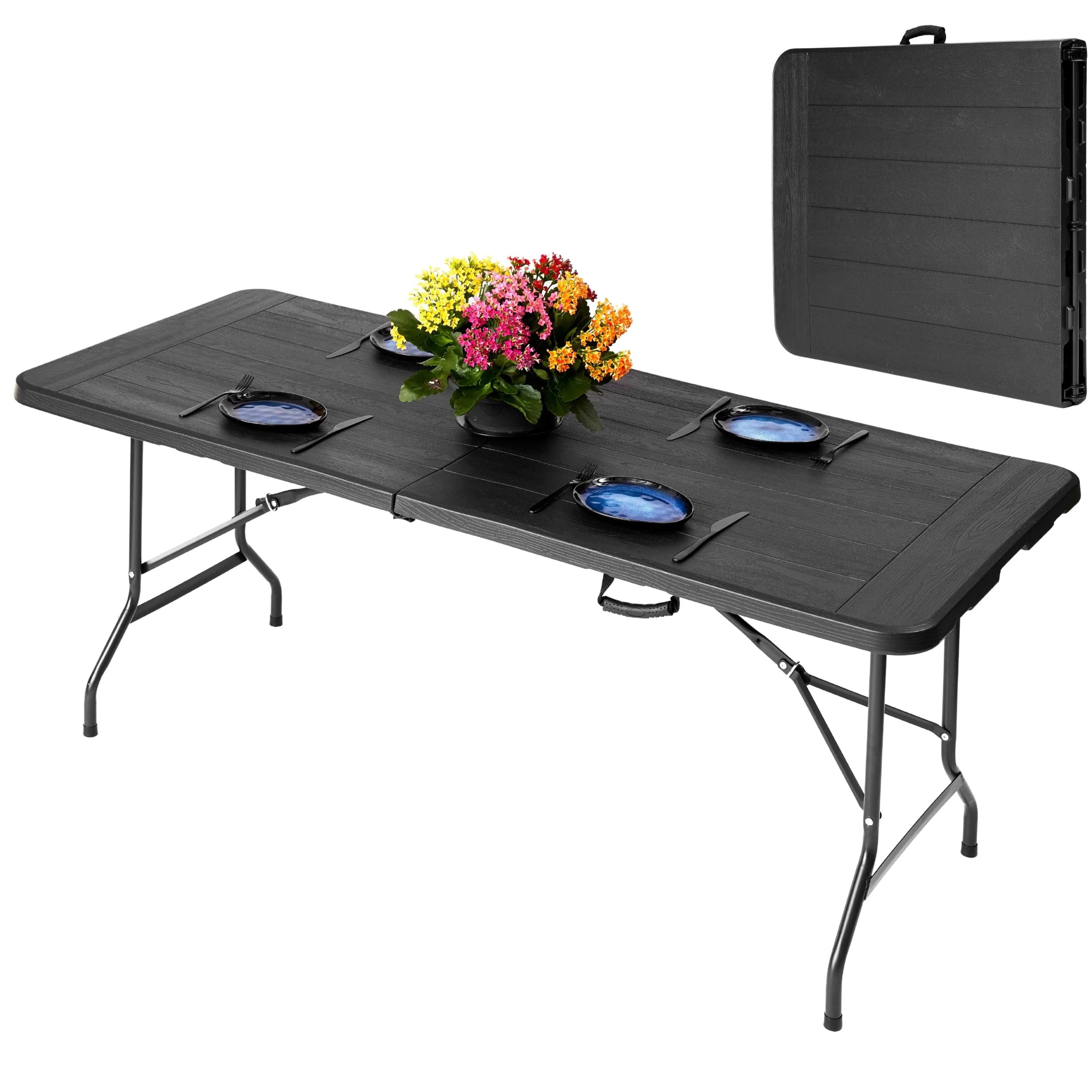 black 6ft folding table set up with plates folded view