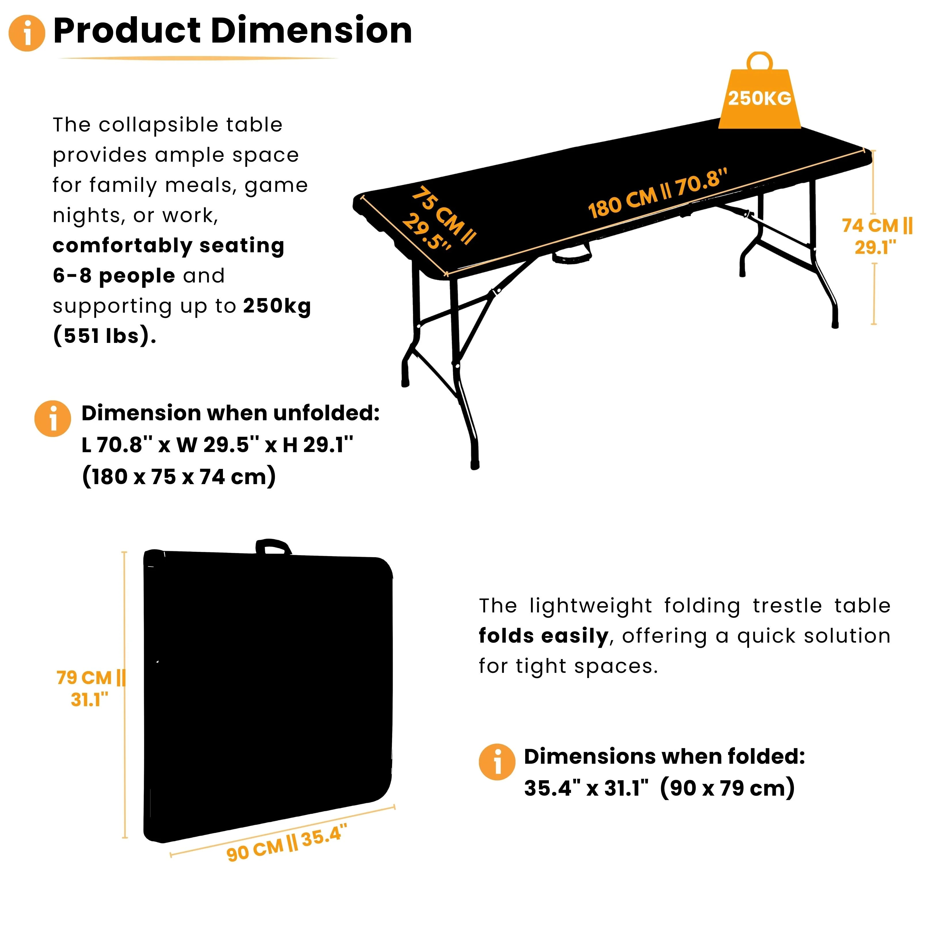 product dimensions of black 6ft folding table displayed