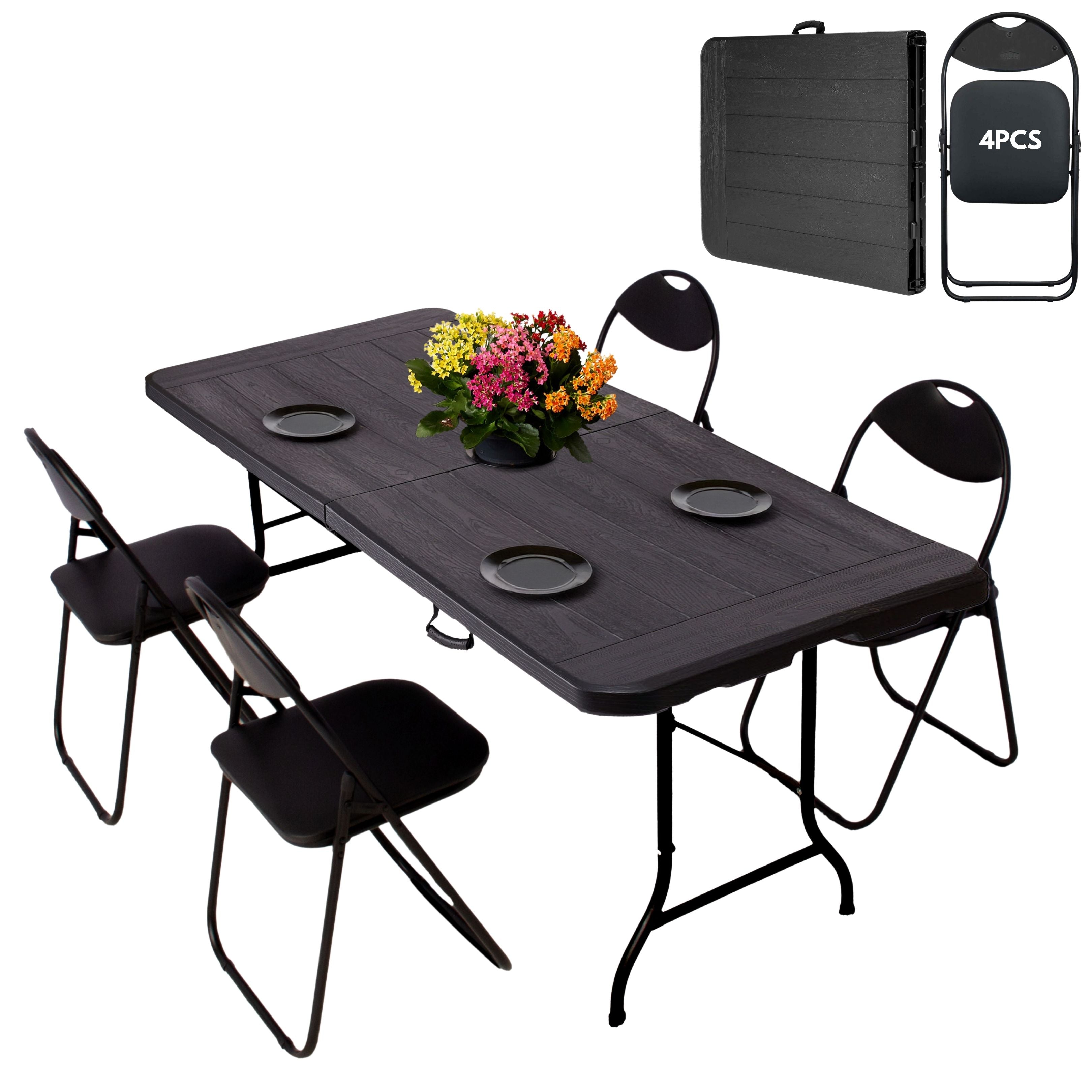 black 6ft folding table and chairs set up in modern space