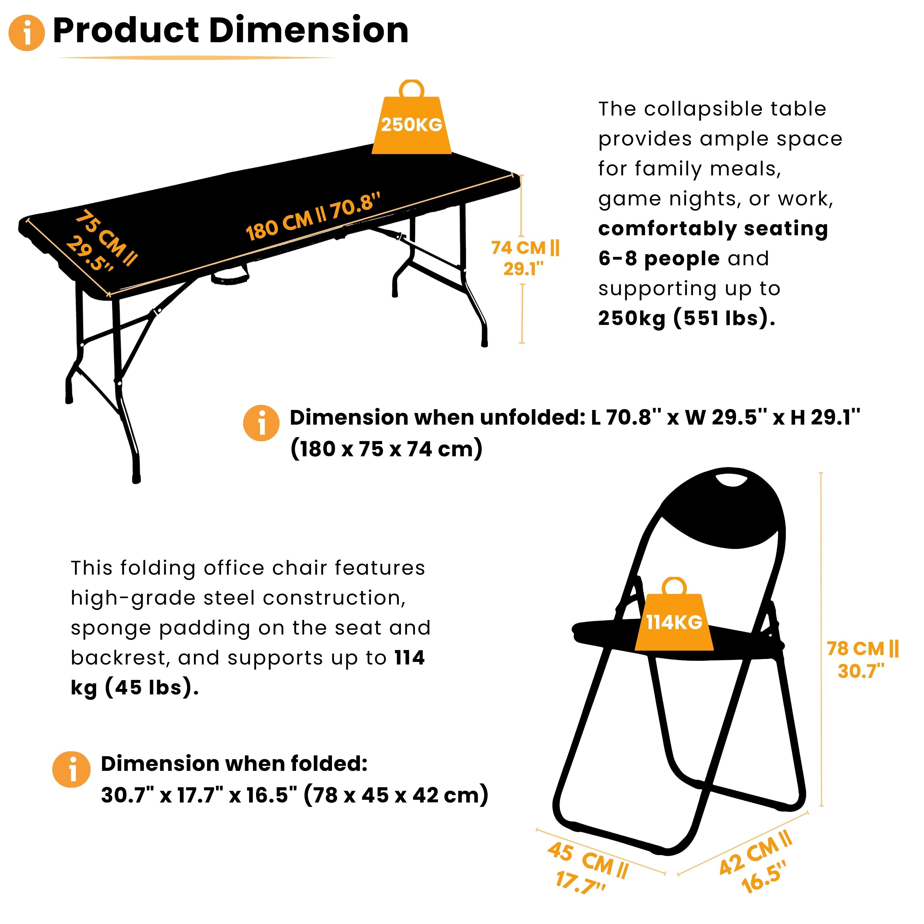 black 6ft folding table and chairs dimensions and weight limits
