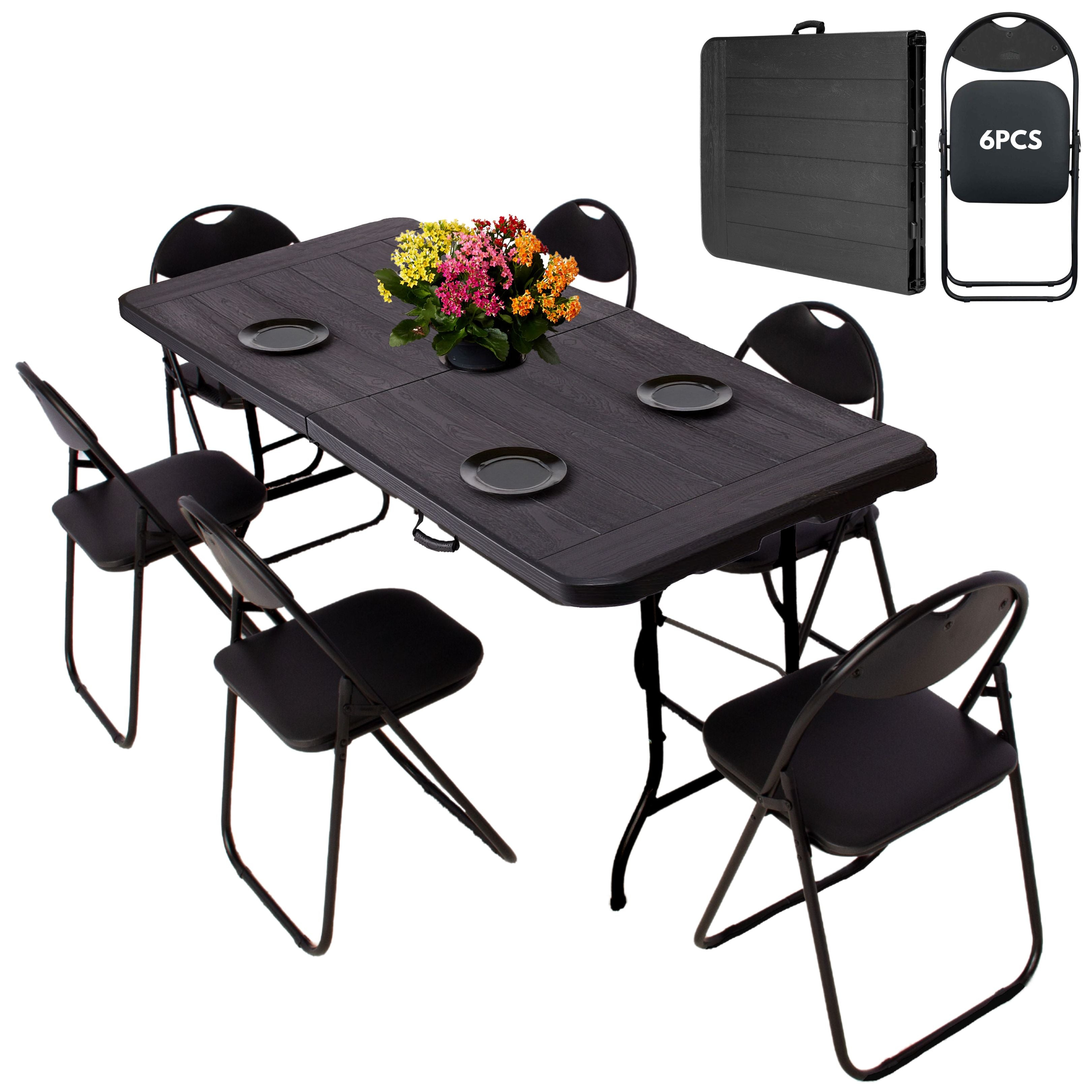 black 6ft folding table and chairs case folded and unfolded