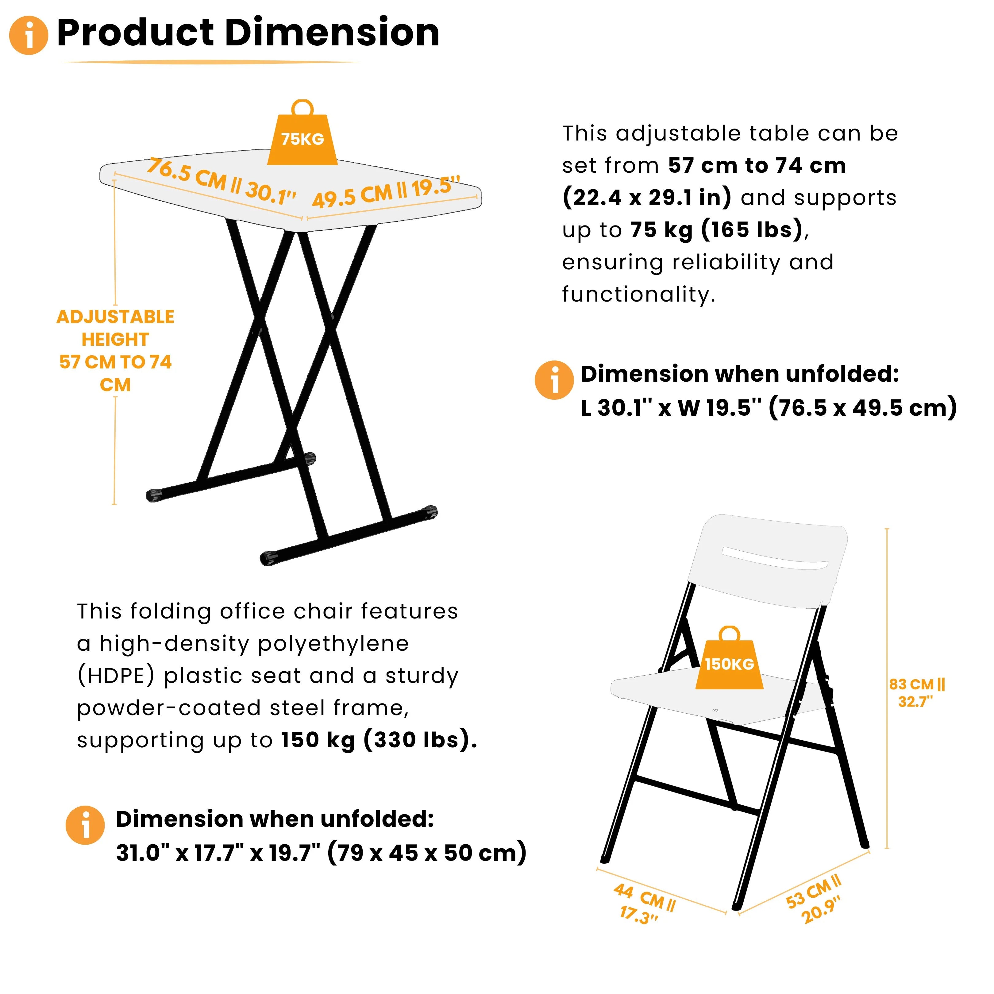 product dimensions of white rectangular folding table and chair