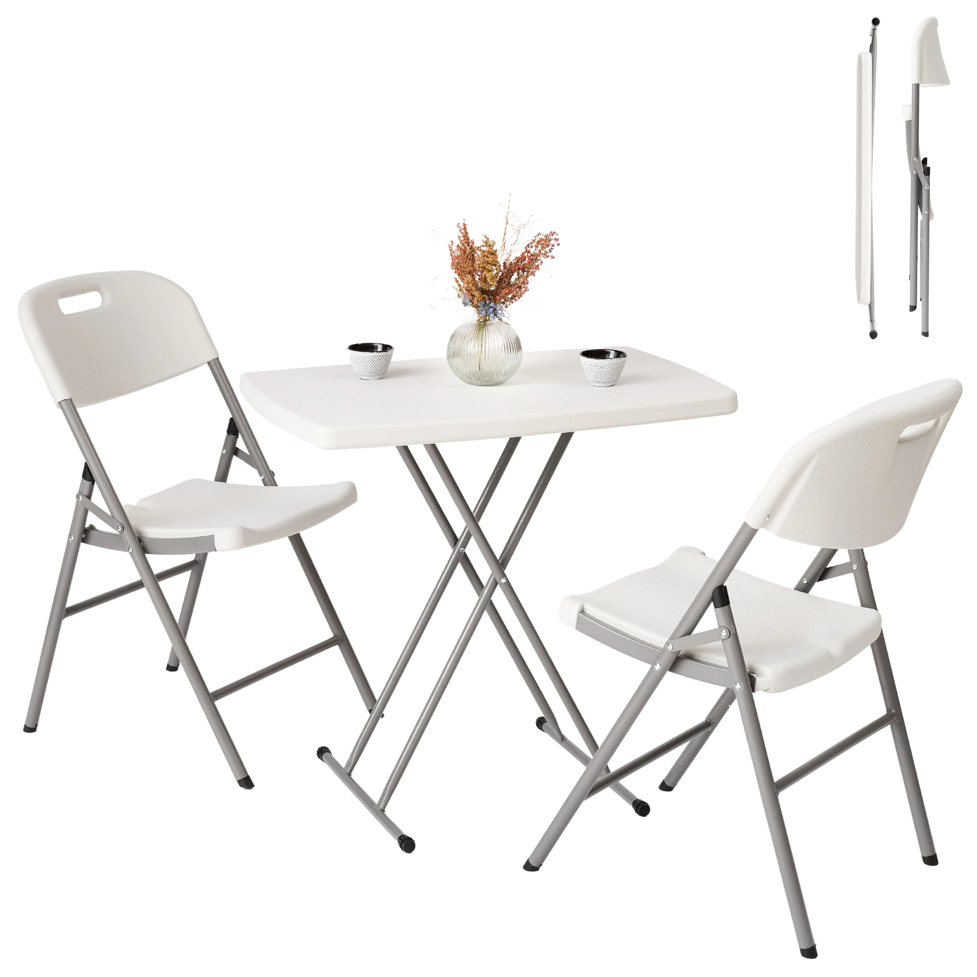 white rectangular folding table and chair shown open and folded