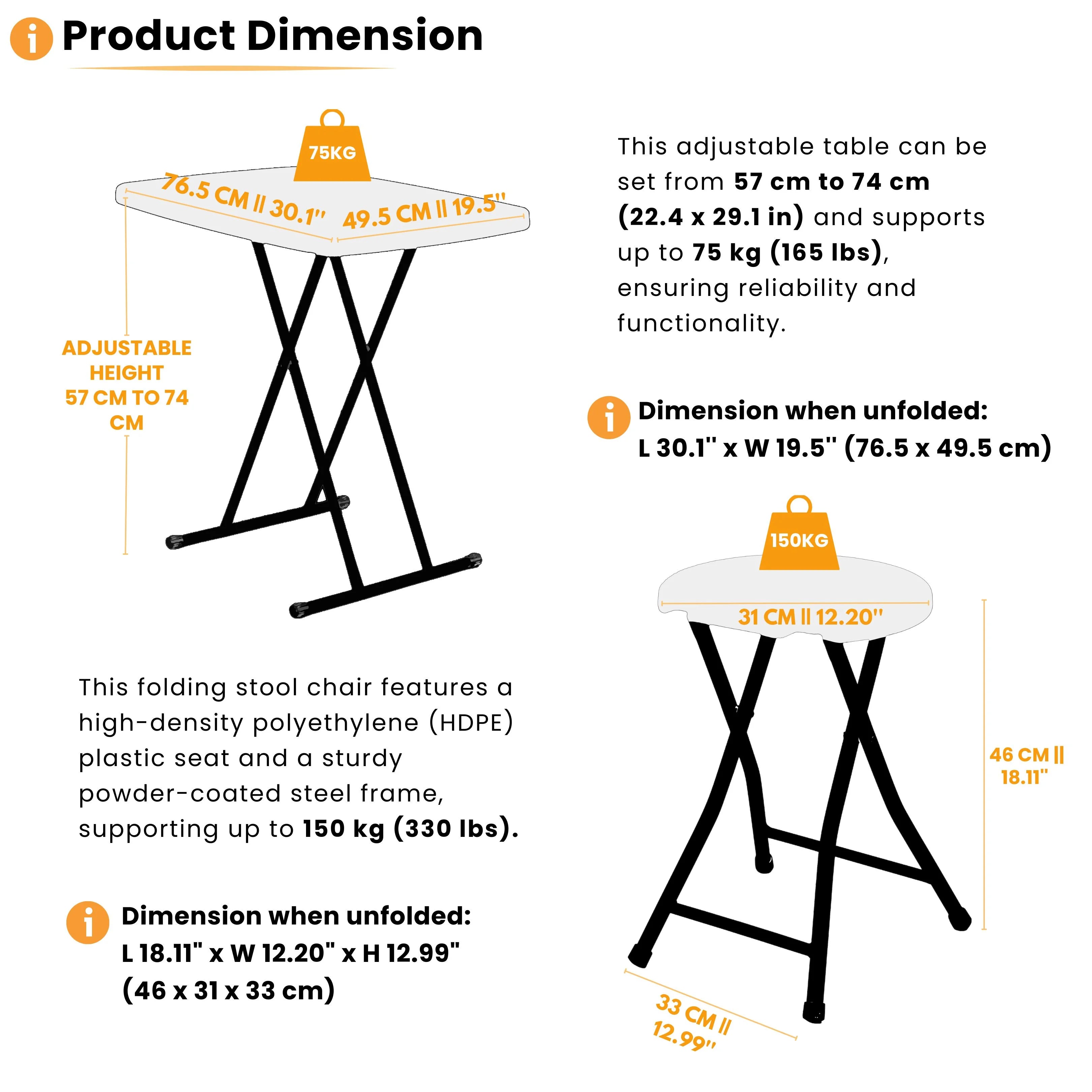 product dimensions of white rectangular folding table and stool