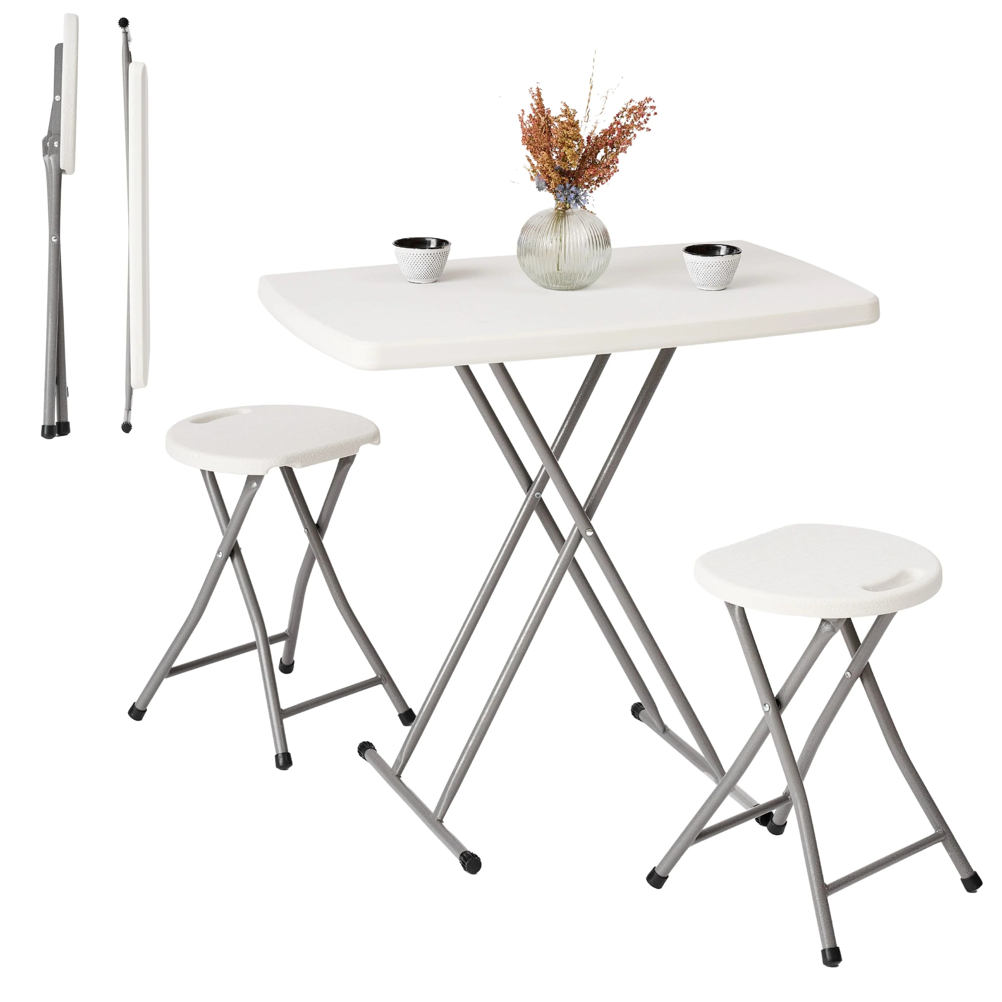 white rectangular folding table and stool shown open and folded