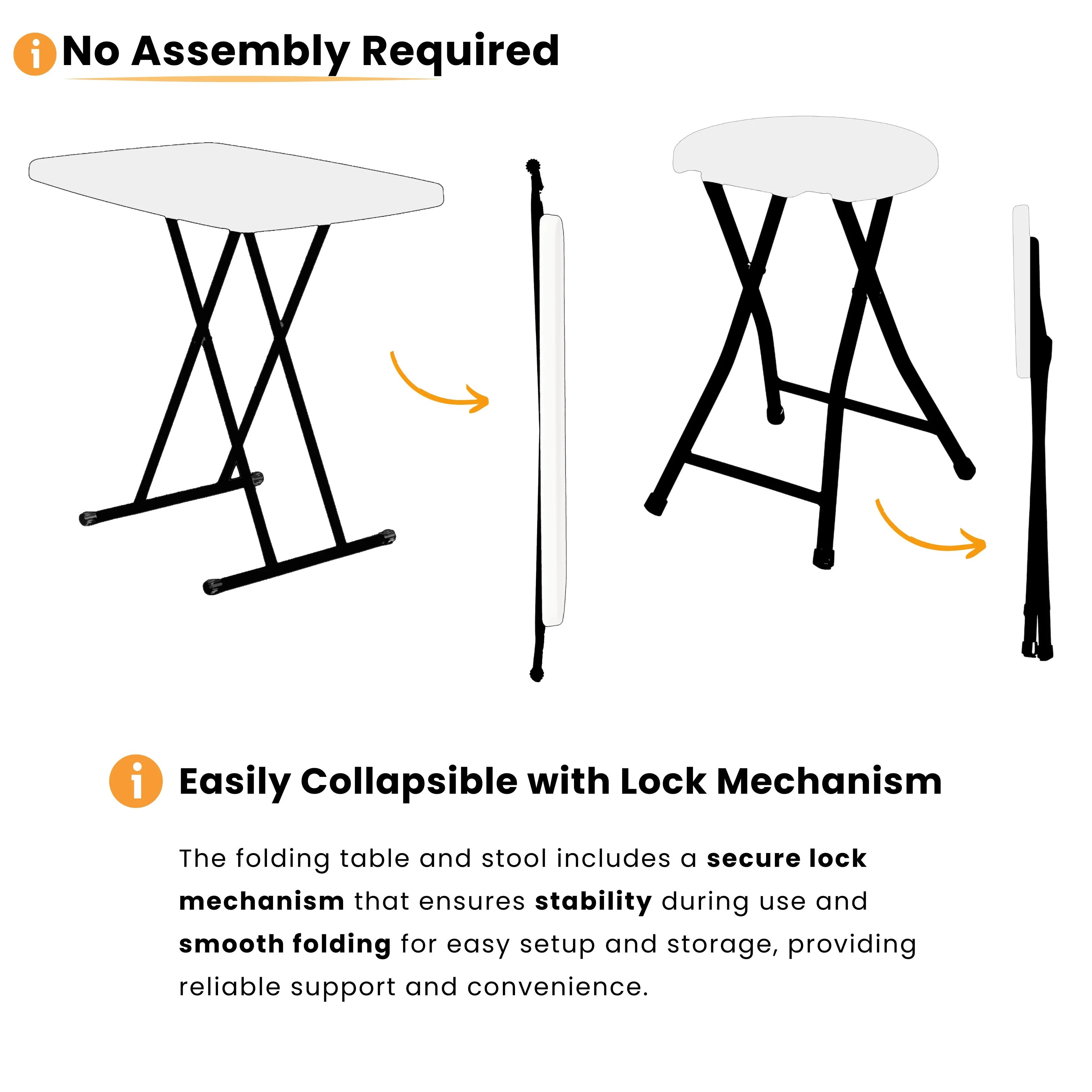 no assembly required white folding table and stool