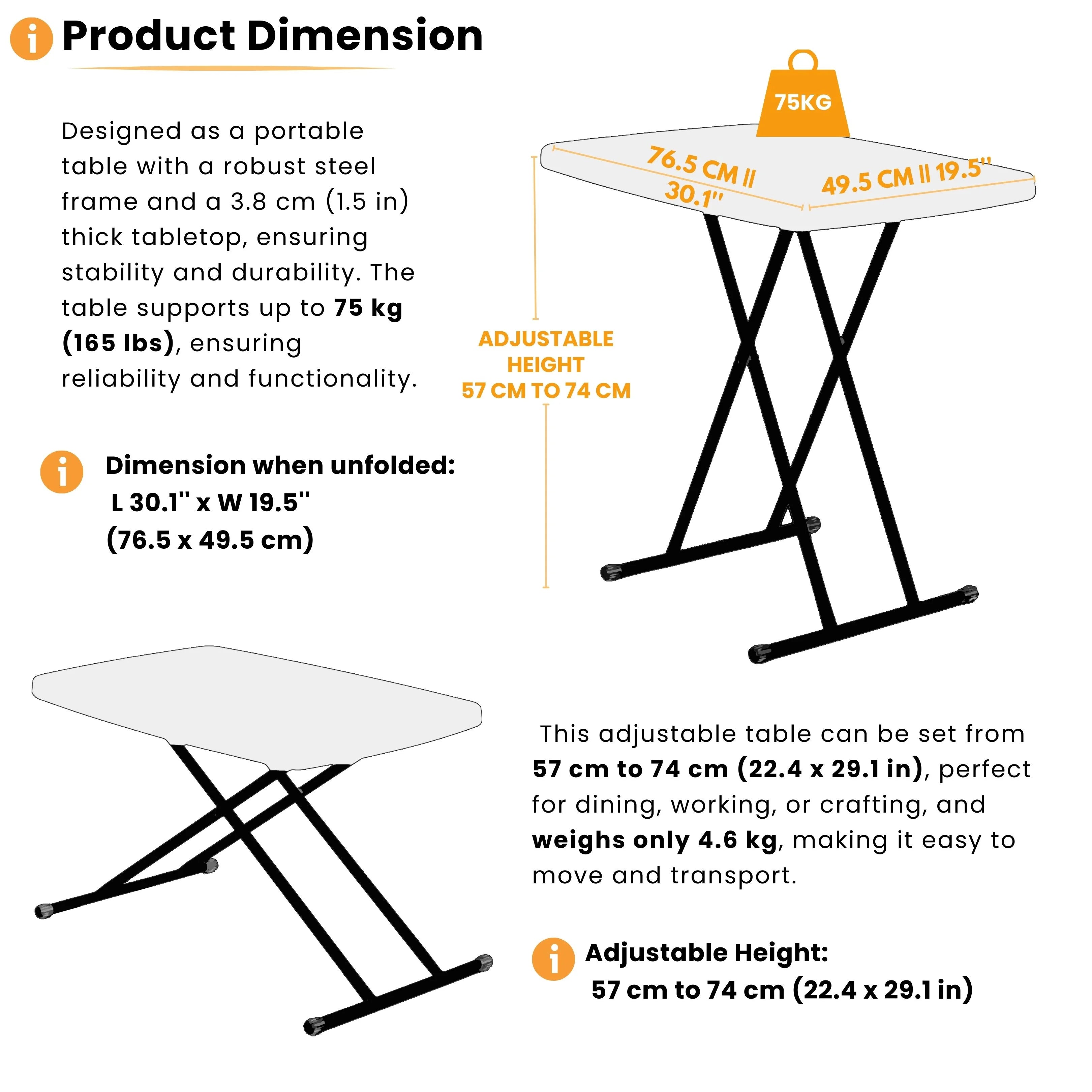 product dimensions of white rectangular folding table