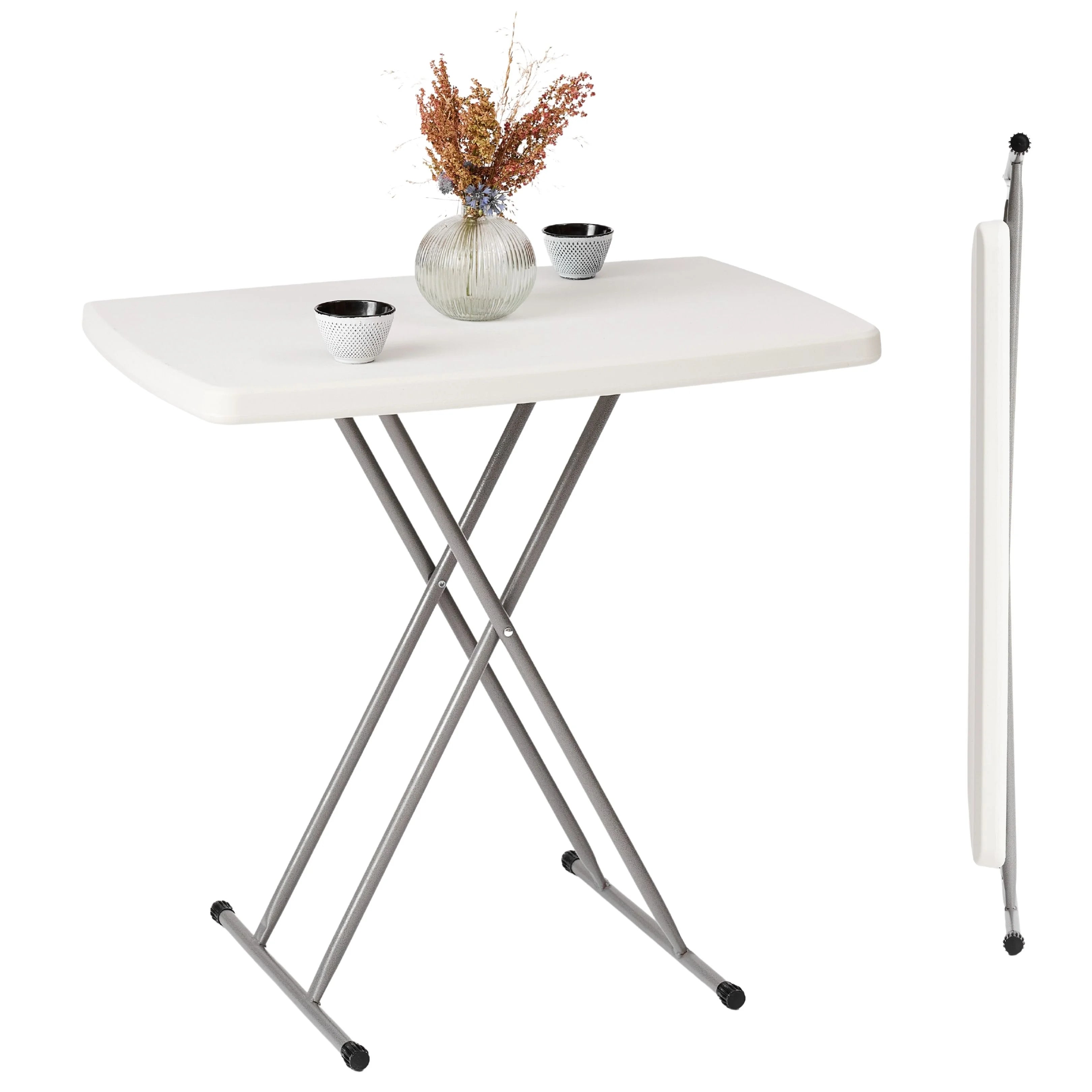 white rectangular folding table shown open and folded