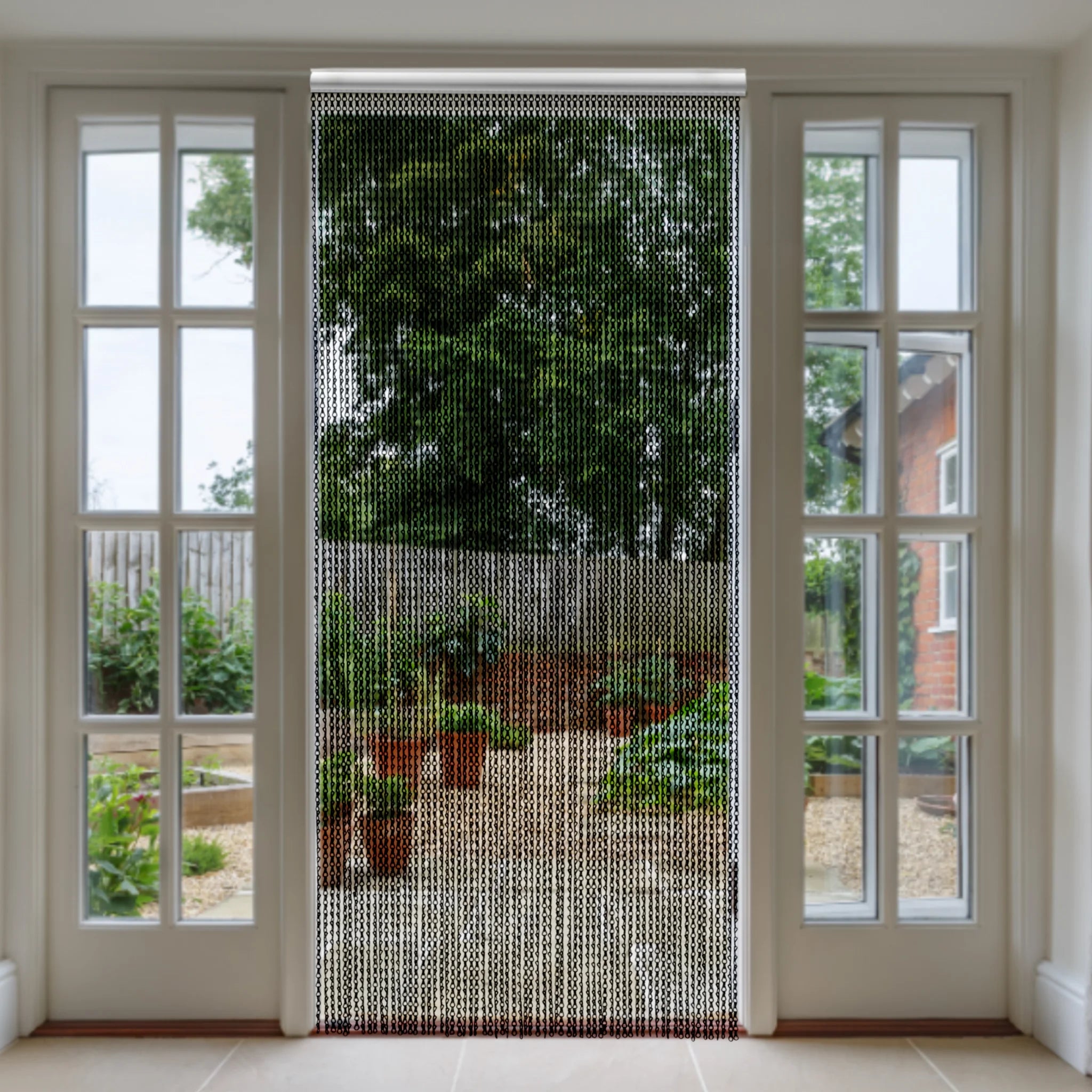 aluminium chain curtain in interior living room doorway