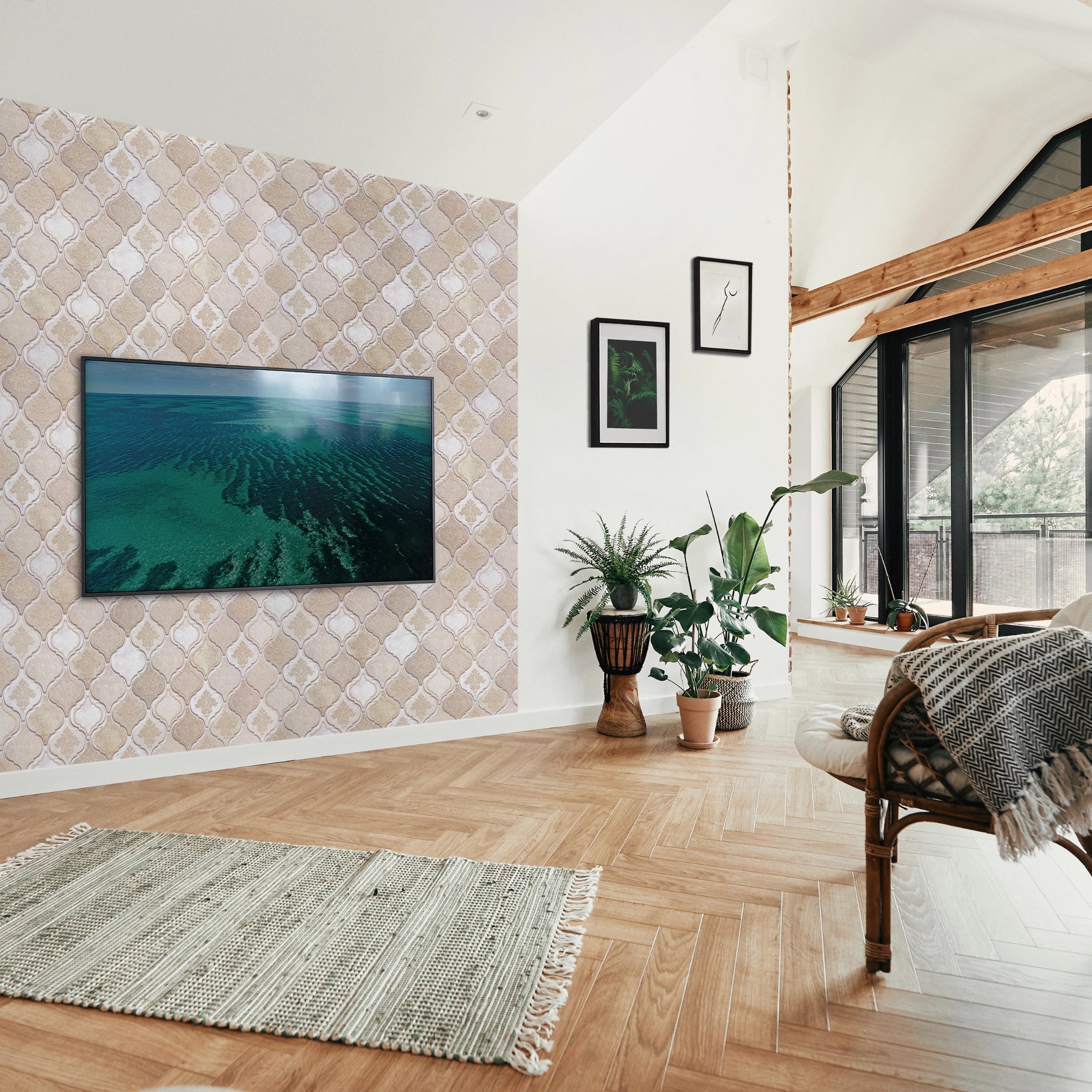 Modern living room with beige wall panel featuring geometric patterns