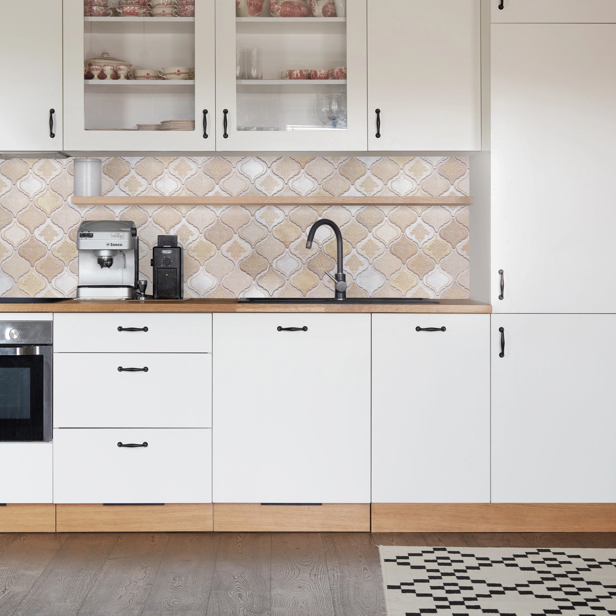 Kitchen with beige geometric-patterned wall panels and modern decor