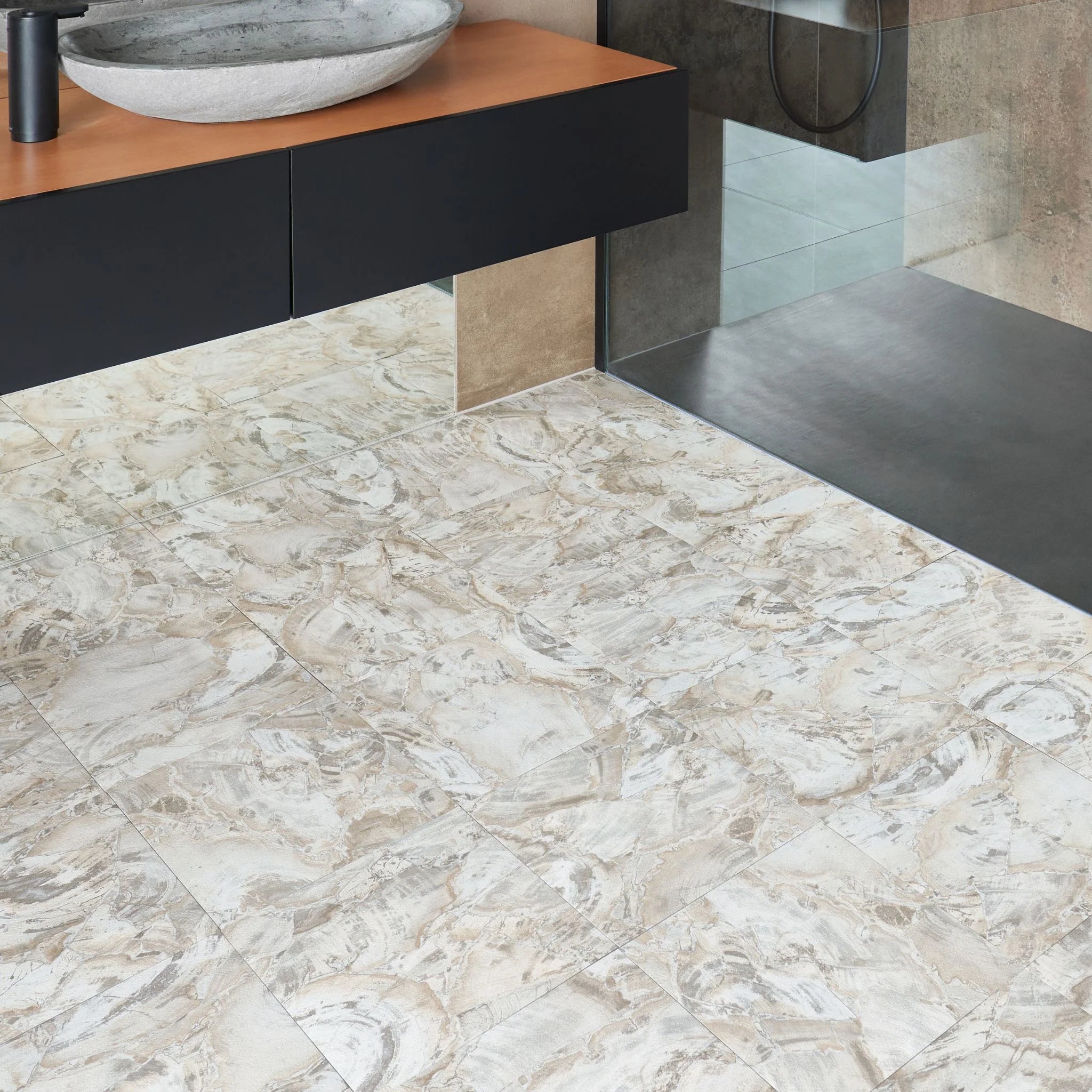 Marble beige flow vinyl tile flooring in a modern bathroom setting