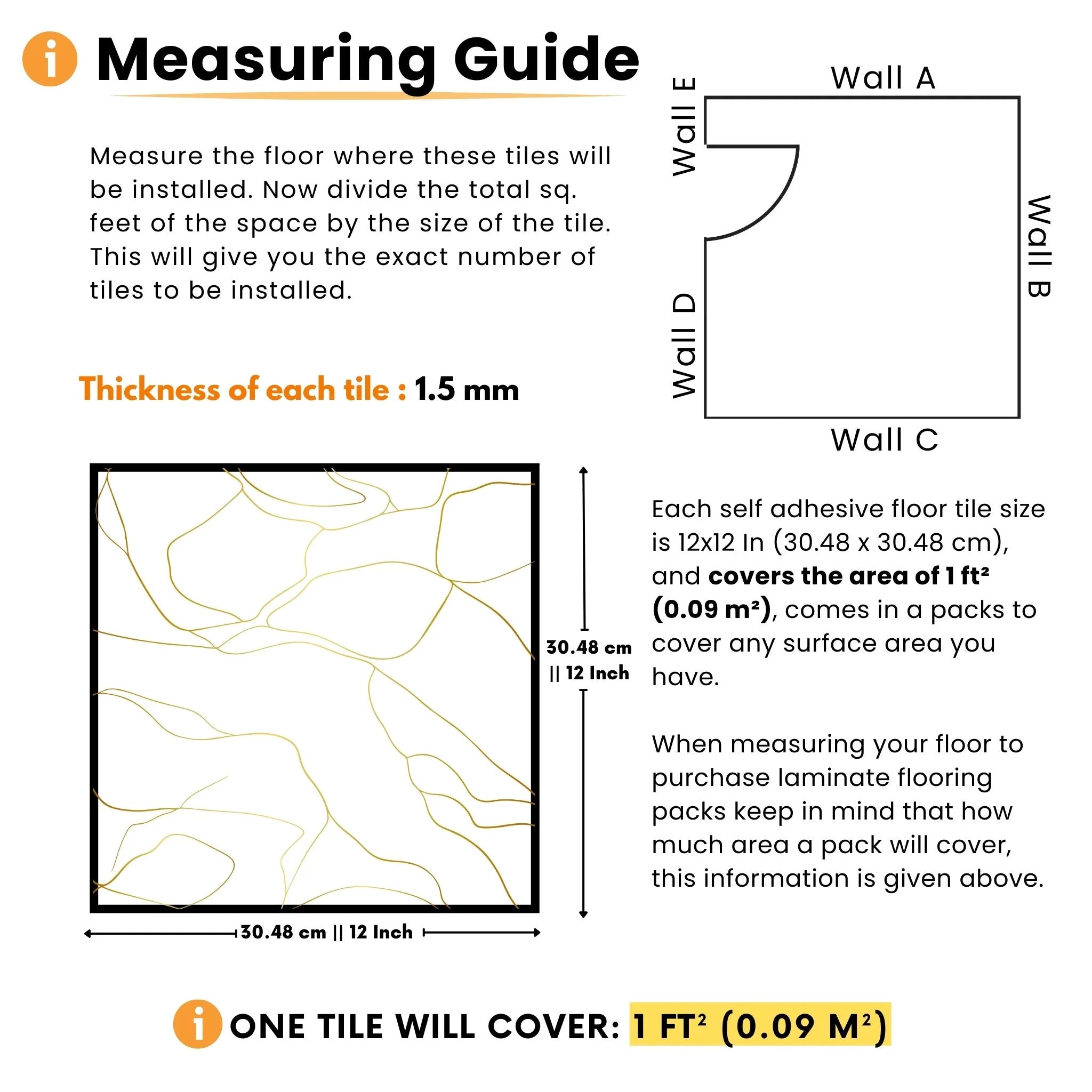 measuring guide for self-adhesive floor planks with details on thickness and packaging