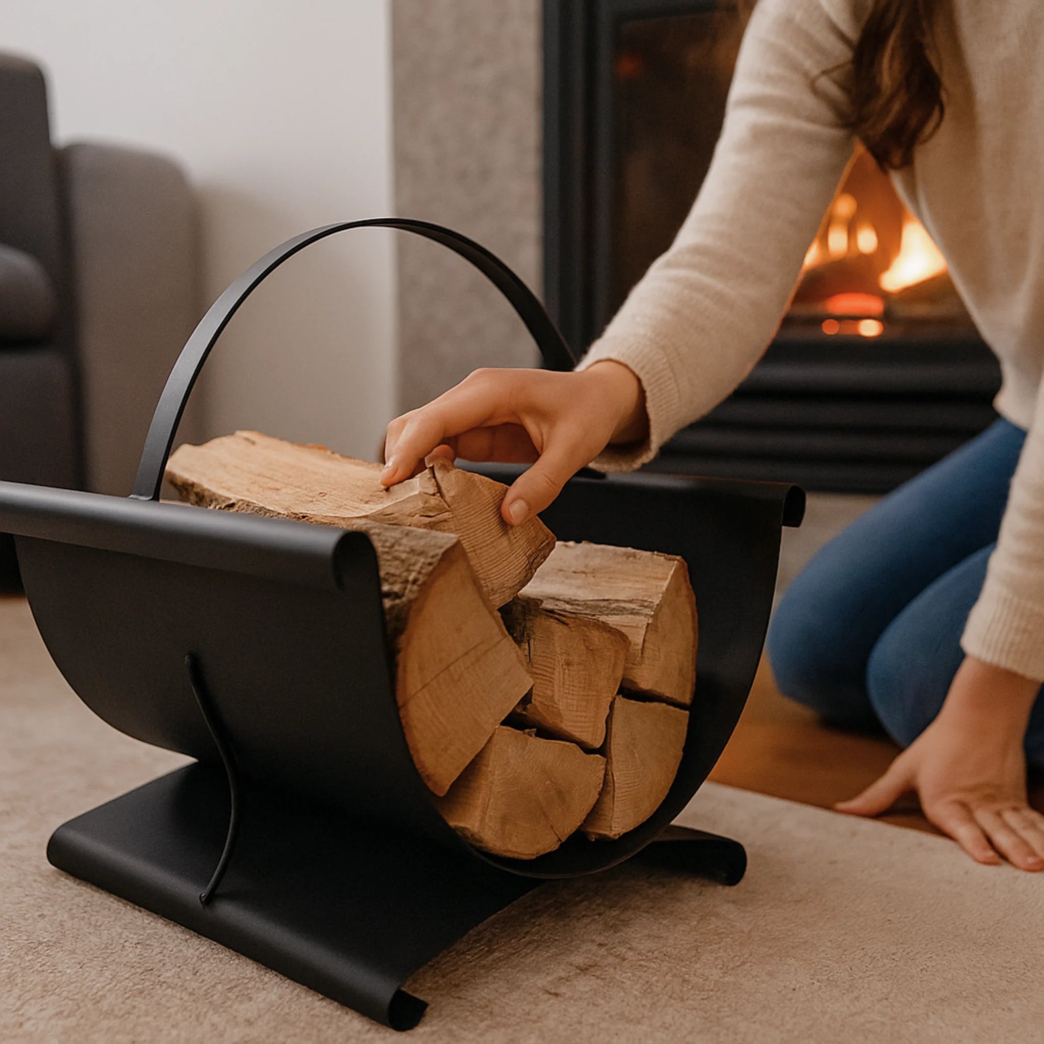 in a living room a woman takes firewood logs from a basket