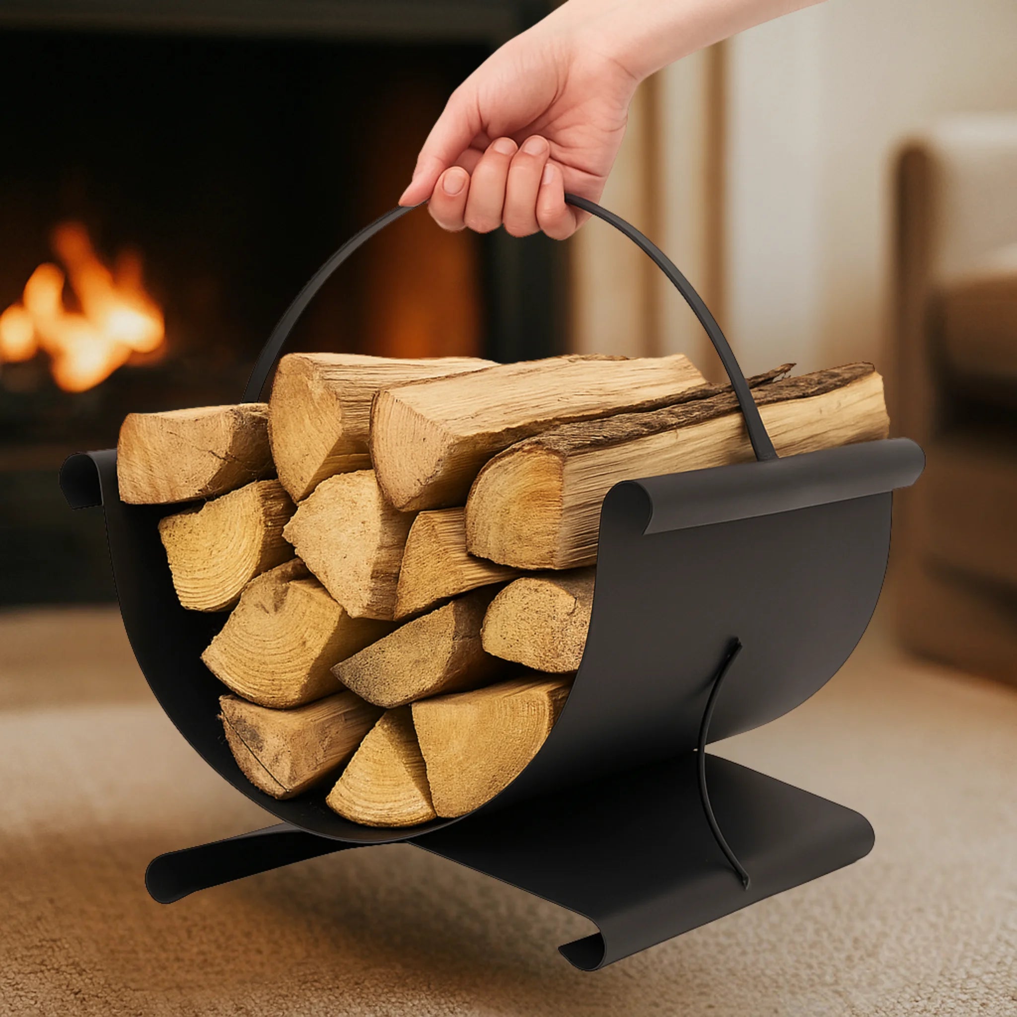 easy indoor log carrying with a sturdy black basket