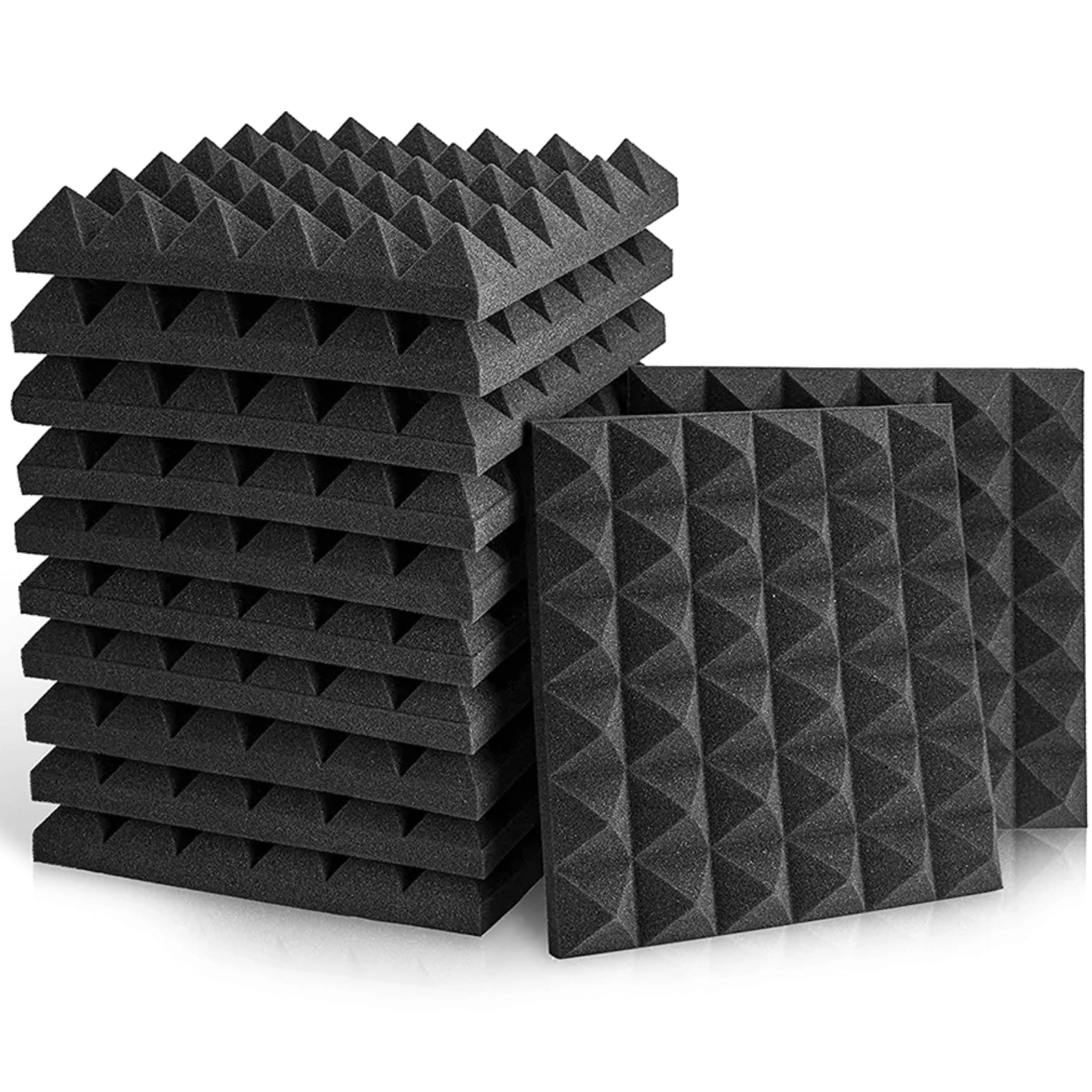 Stack of black acoustic foam panels for soundproofing