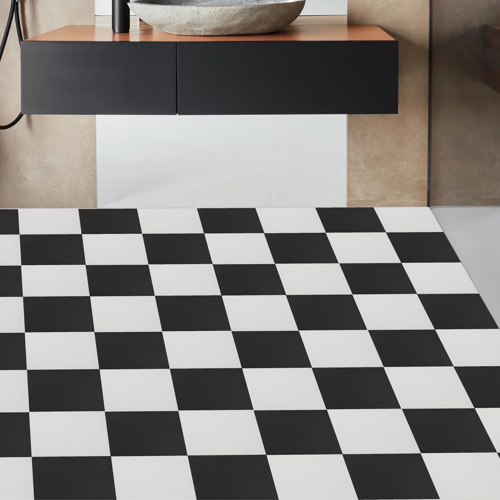 modern living room featuring grey sofa and light wood furniture on black and white flooring