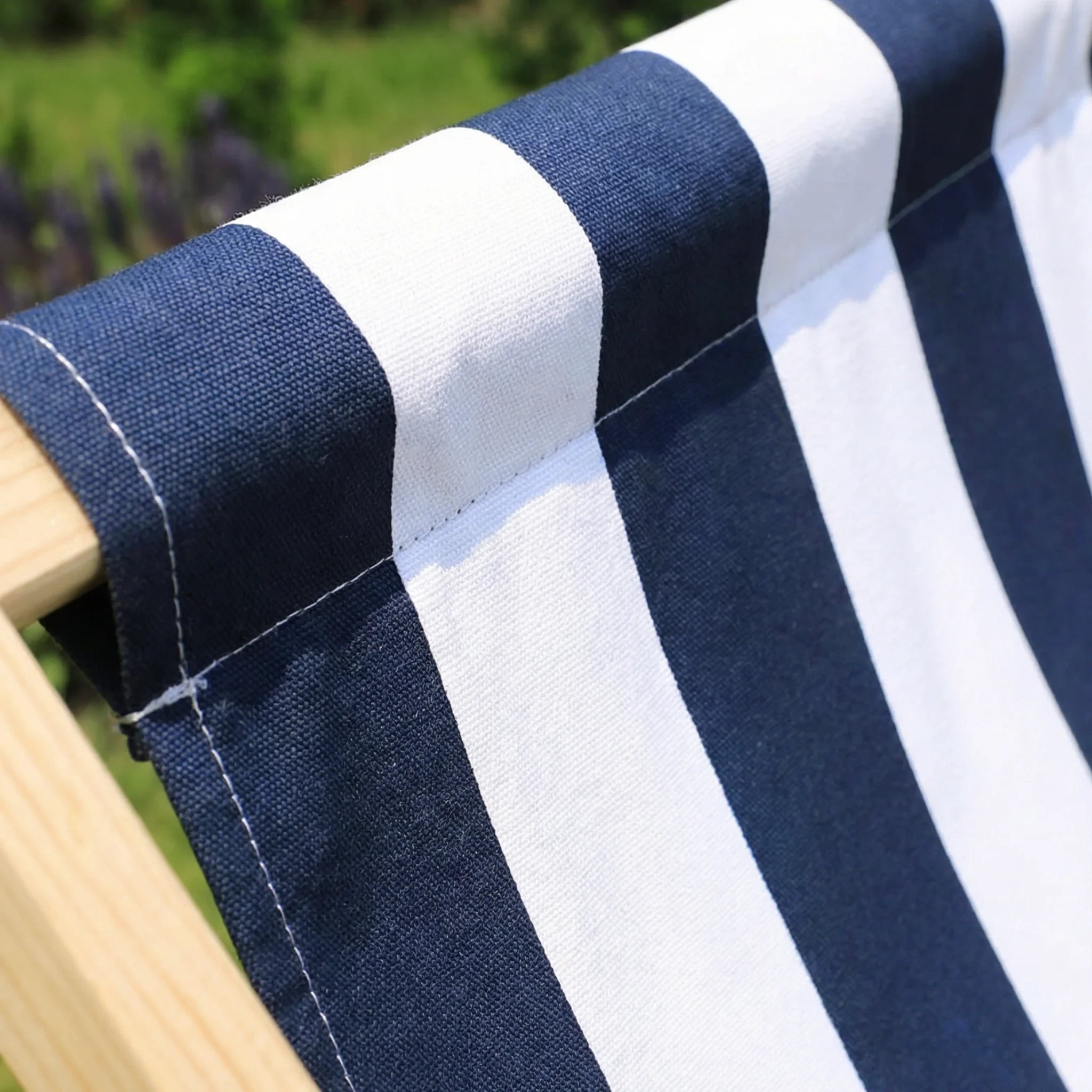 Close-up blue and white striped deck chair fabric