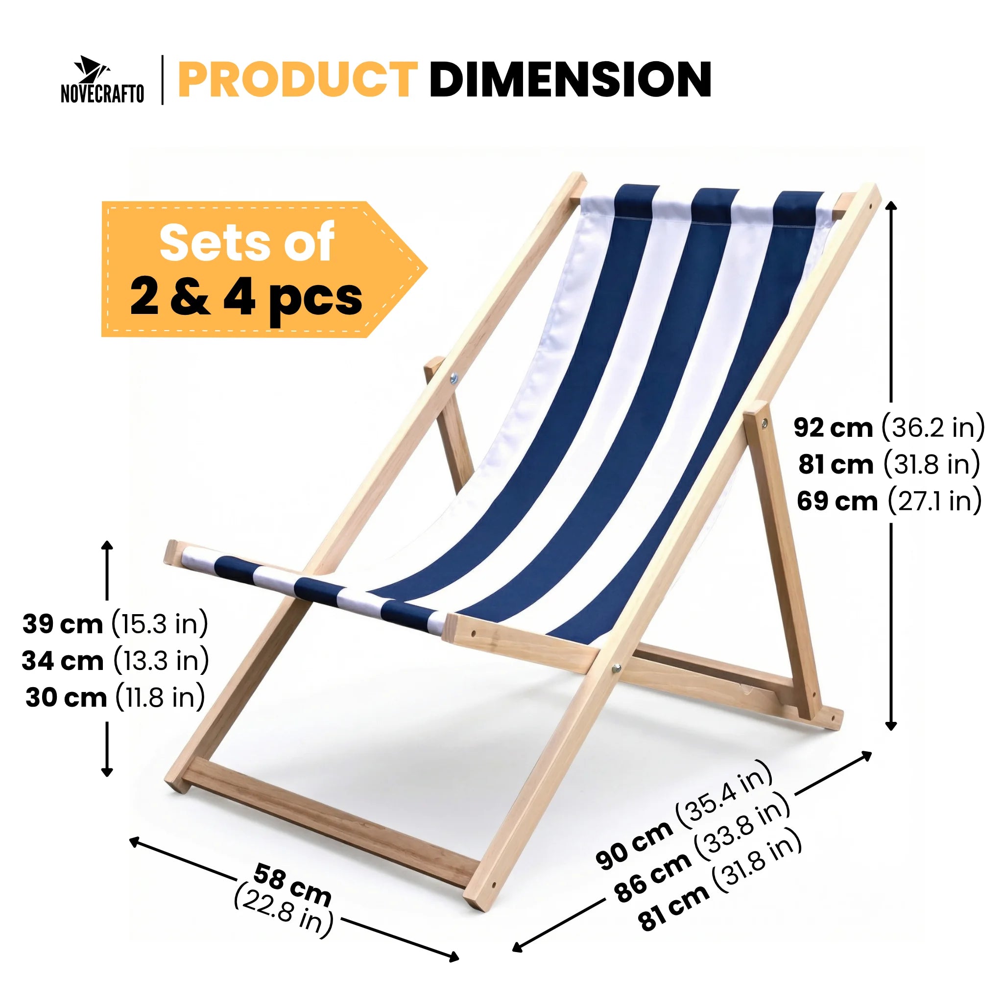 Dimensions for garden deck chairs with striped fabric