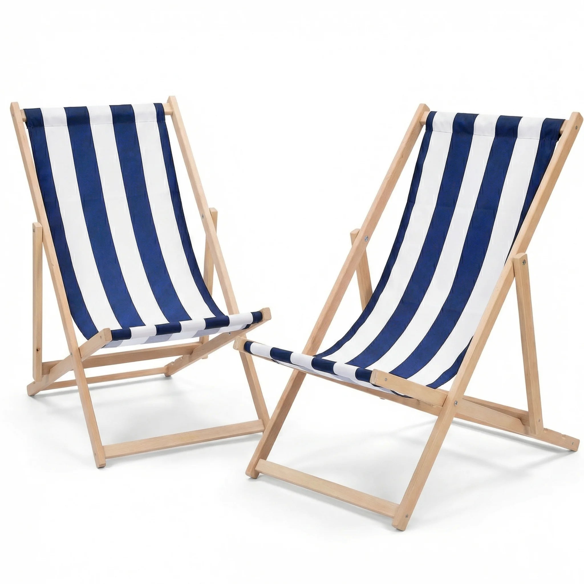 Folding wooden deck chairs with blue striped fabric