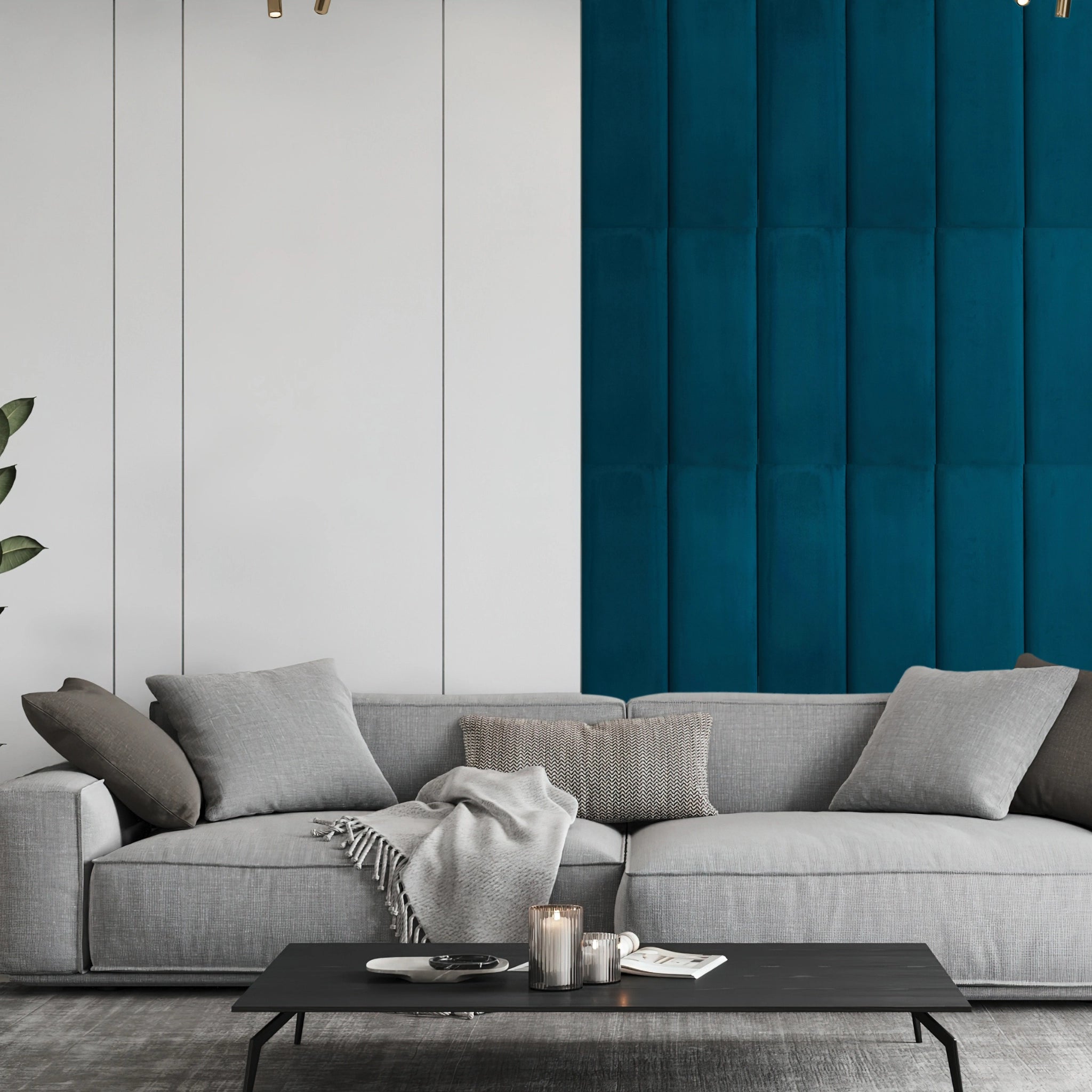 Living room with blue upholstered wall panels and modern decor