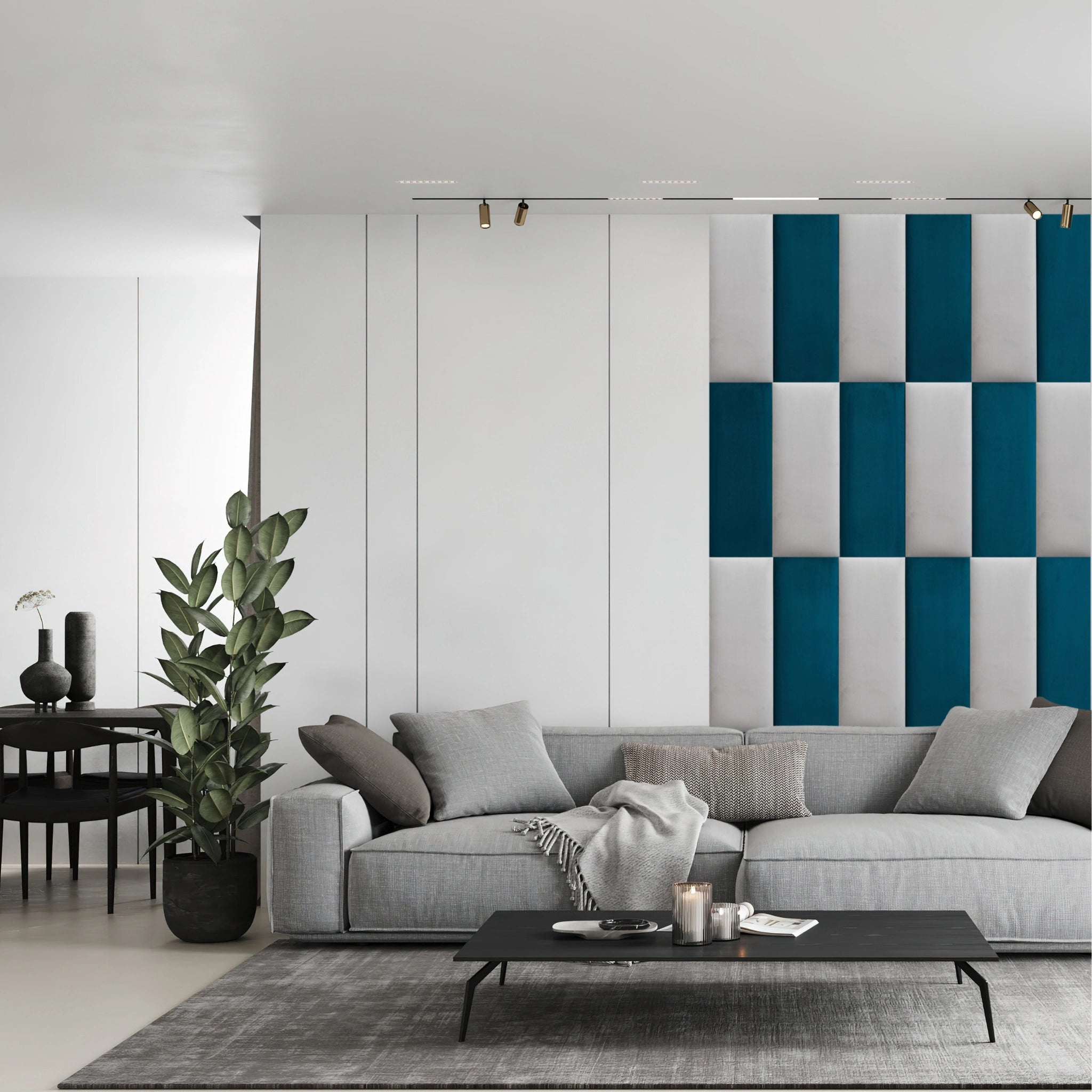 Living room with blue upholstered wall panels and modern furniture