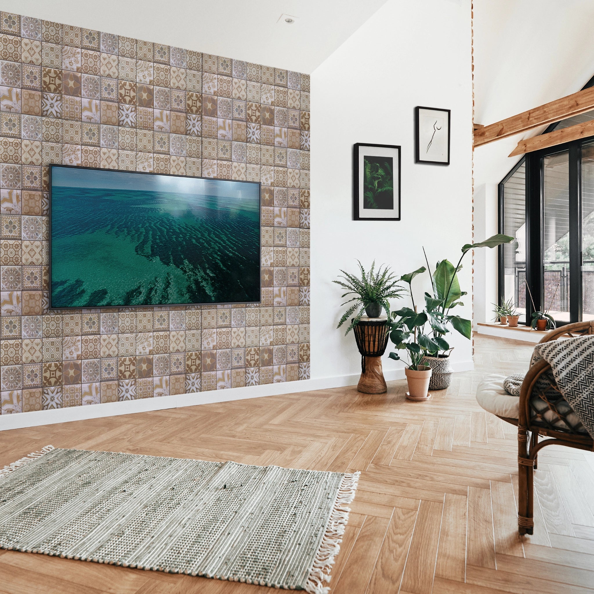 Modern living room with brown wall panel featuring geometric patterns