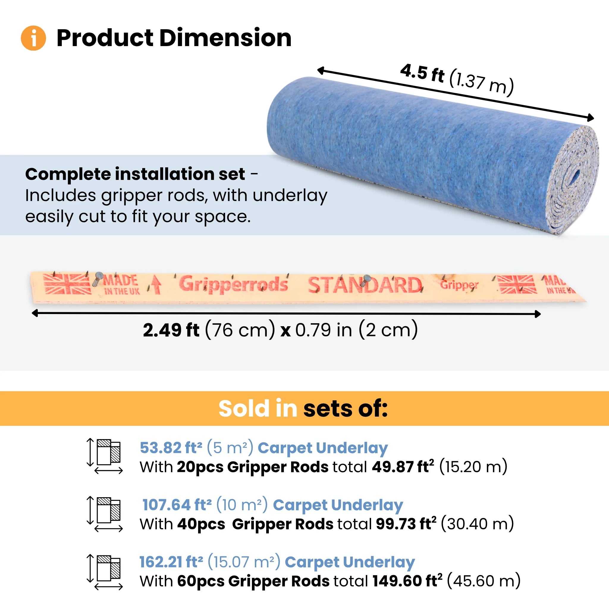 Dimensions carpet underlay roll with gripper rods