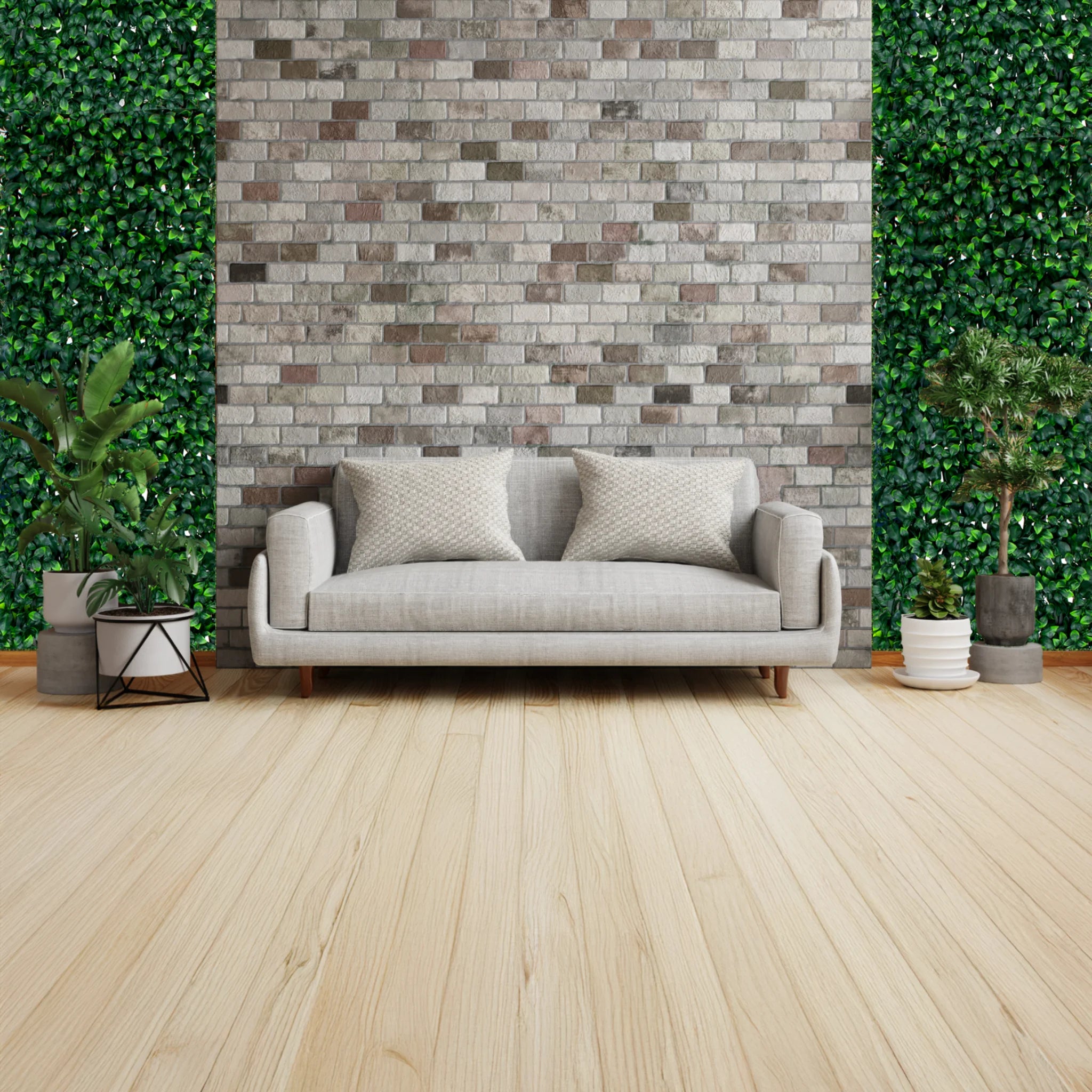 cozy living room with a couch artificial trellis screening on a wall