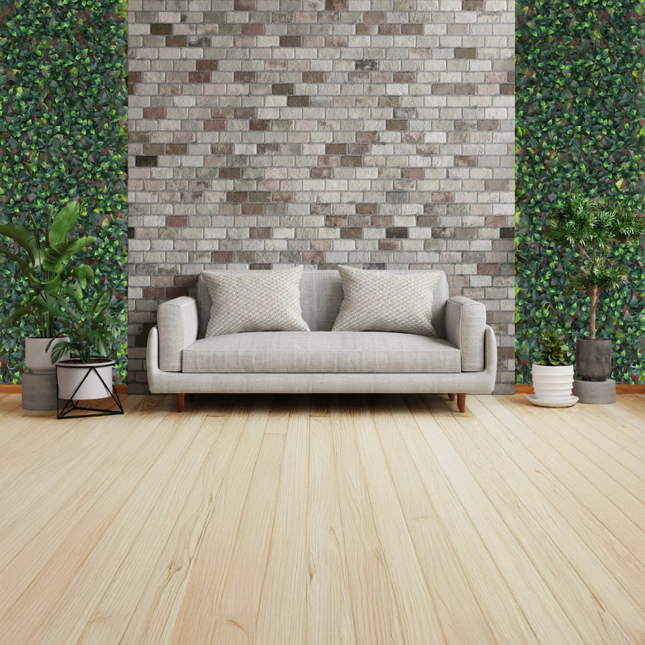 cozy living room with a couch artificial trellis screening on a wall